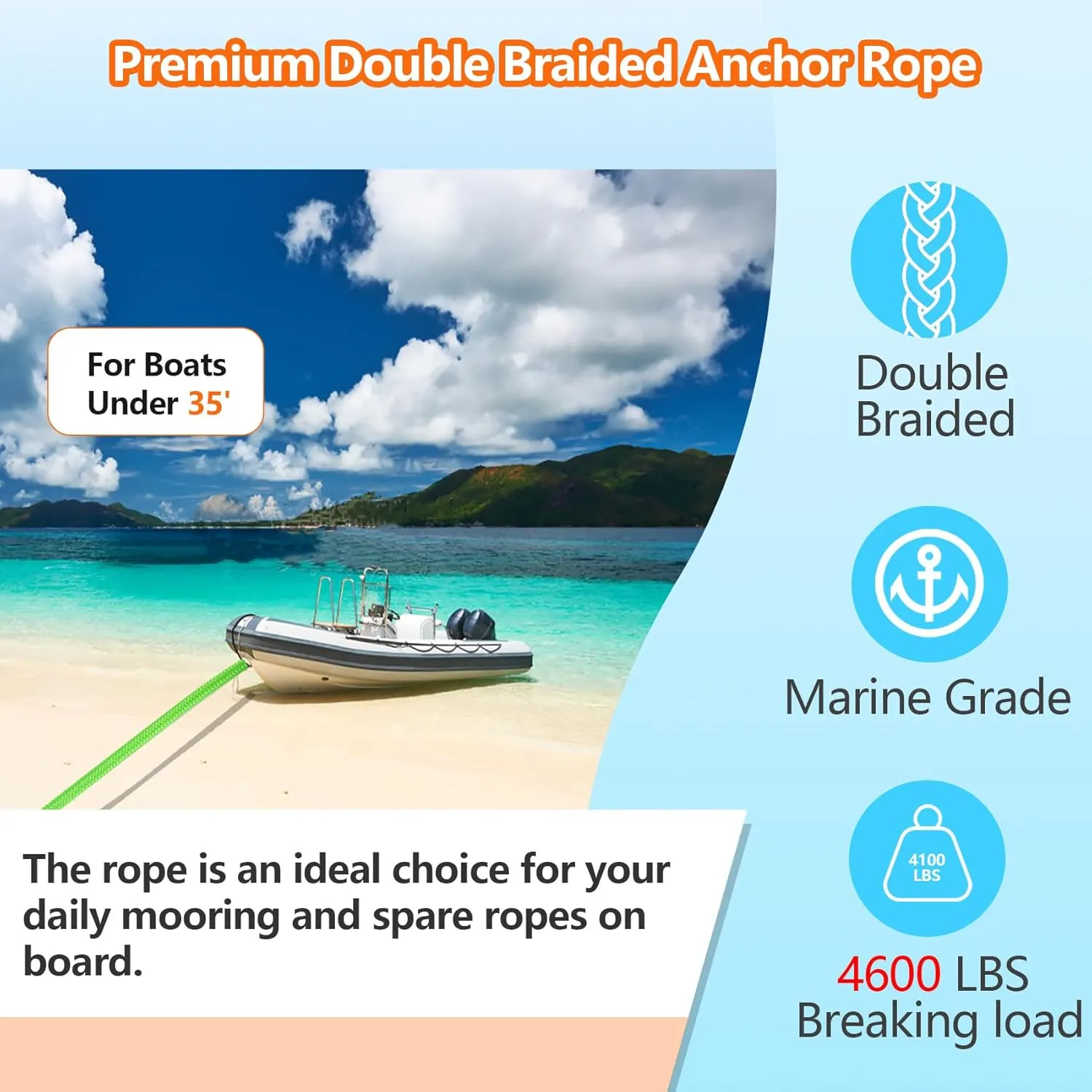 Anchor Rope 100 FT 1/2 in, Double Braided Anchor Line with 316 Stainless Steel Thimble & Shackle, Boat Anchor Rope Ideal for Towing, Mooring, Deck, Anchoring, Boats Up to 35' - Green