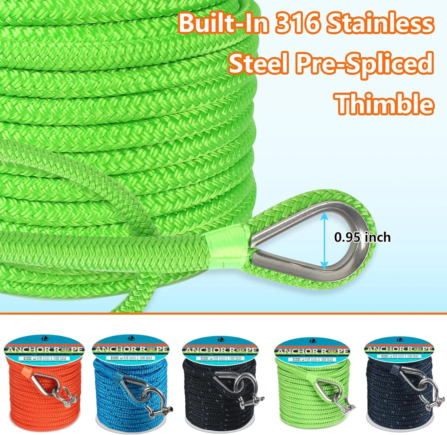 Anchor Rope 100 FT 1/2 in, Double Braided Anchor Line with 316 Stainless Steel Thimble & Shackle, Boat Anchor Rope Ideal for Towing, Mooring, Deck, Anchoring, Boats Up to 35' - Green