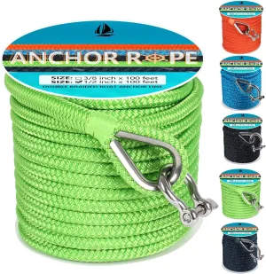 Anchor Rope 100 FT 1/2 in, Double Braided Anchor Line with 316 Stainless Steel Thimble & Shackle, Boat Anchor Rope Ideal for Towing, Mooring, Deck, Anchoring, Boats Up to 35' - Green