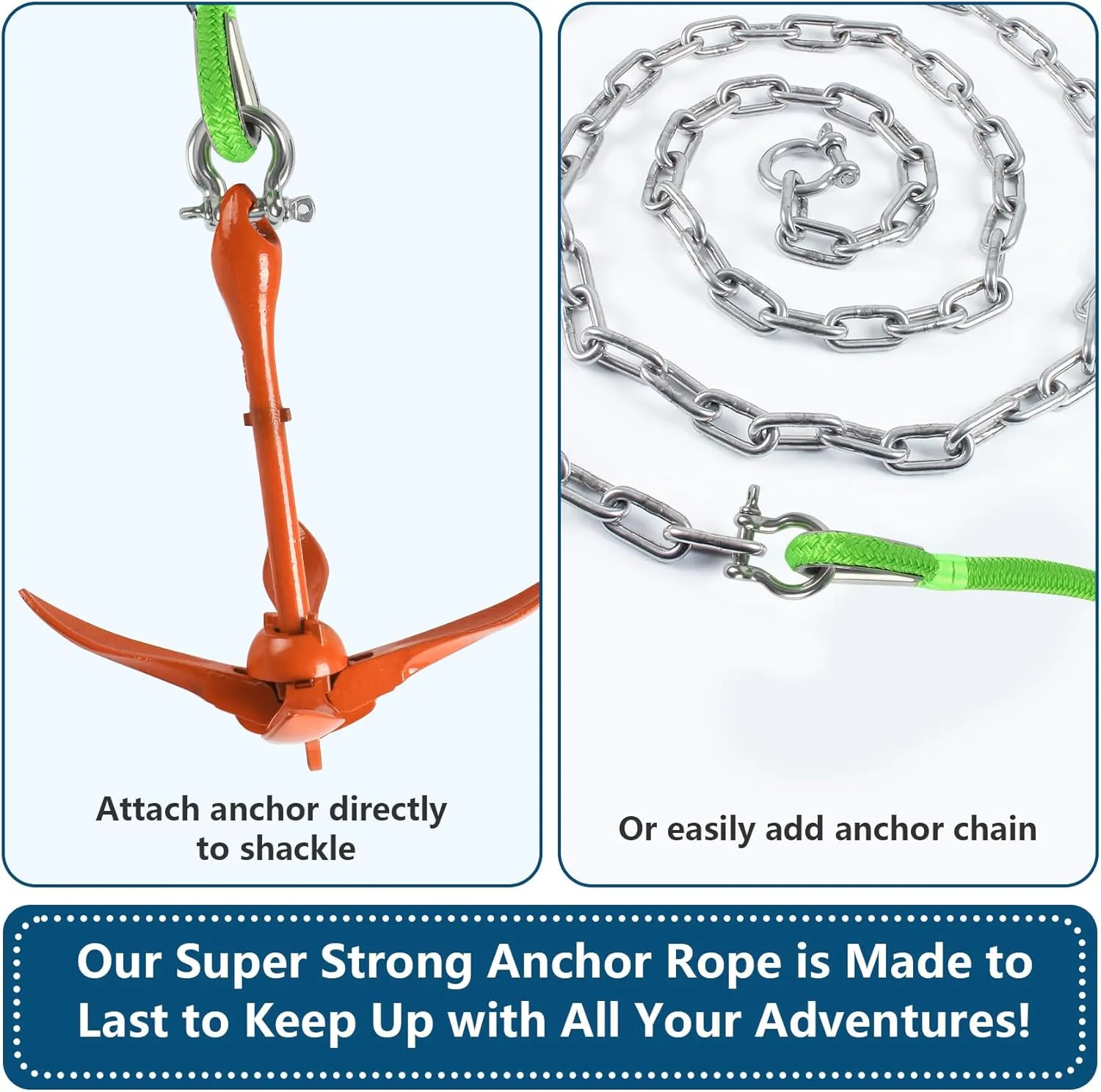 Anchor Rope 100 FT 1/2 in, Double Braided Anchor Line with 316 Stainless Steel Thimble & Shackle, Boat Anchor Rope Ideal for Towing, Mooring, Deck, Anchoring, Boats Up to 35' - Green