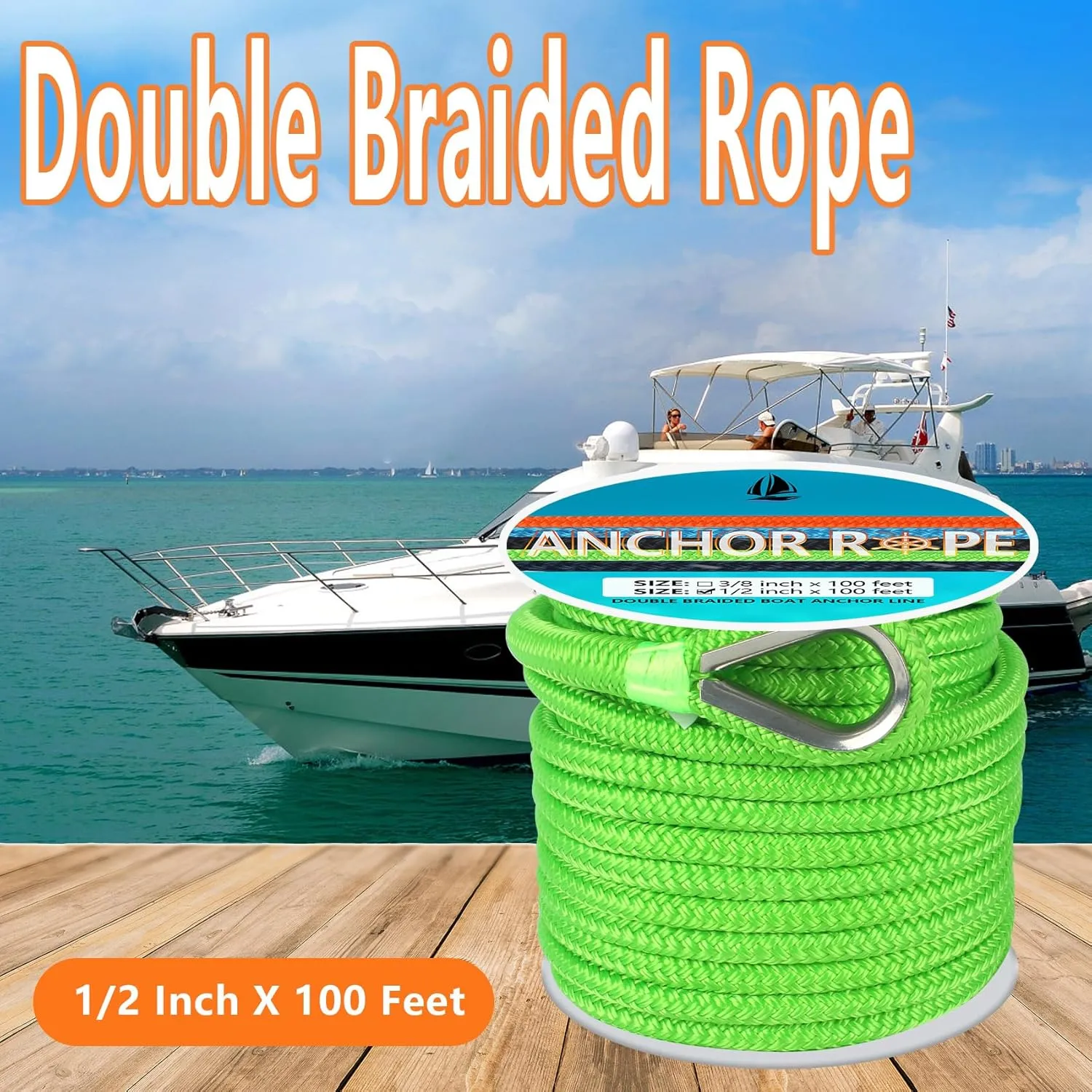 Anchor Rope 100 FT 1/2 in, Double Braided Anchor Line with 316 Stainless Steel Thimble & Shackle, Boat Anchor Rope Ideal for Towing, Mooring, Deck, Anchoring, Boats Up to 35' - Green