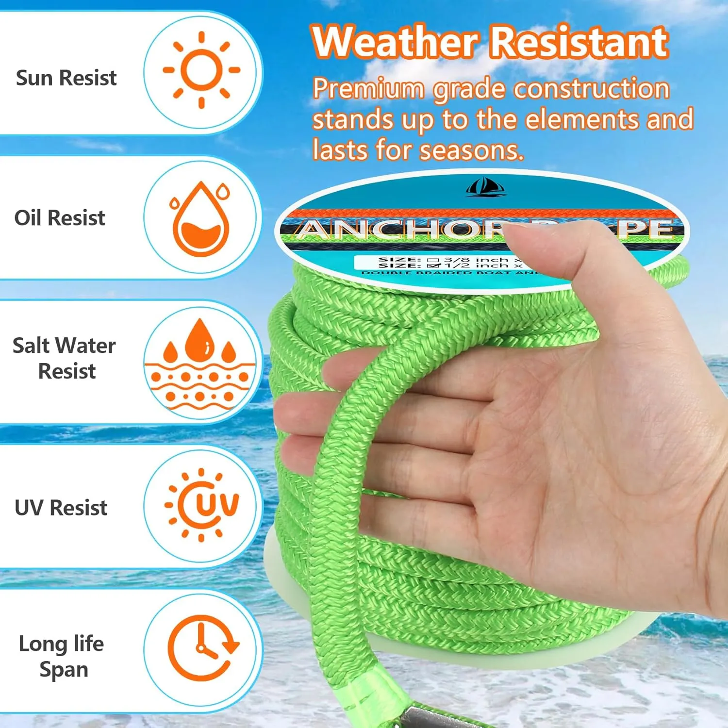 Anchor Rope 100 FT 1/2 in, Double Braided Anchor Line with 316 Stainless Steel Thimble & Shackle, Boat Anchor Rope Ideal for Towing, Mooring, Deck, Anchoring, Boats Up to 35' - Green