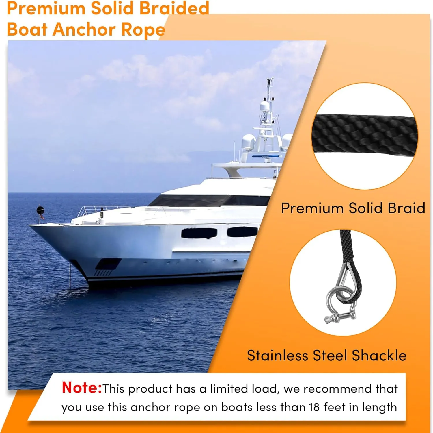 Anchor Rope 100 FT X 3/8 Inch, Premium Solid Braid MFP Anchor Line, Boat Anchor Rope with Stainless Steel Thimble and Shackle (Black)