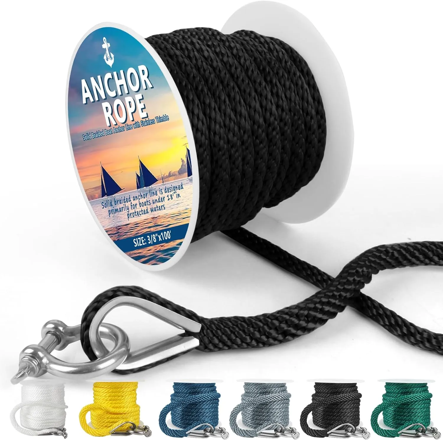 Anchor Rope 100 FT X 3/8 Inch, Premium Solid Braid MFP Anchor Line, Boat Anchor Rope with Stainless Steel Thimble and Shackle (Black)