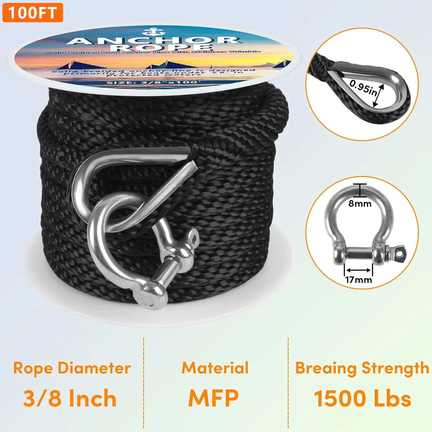 Anchor Rope 100 FT X 3/8 Inch, Premium Solid Braid MFP Anchor Line, Boat Anchor Rope with Stainless Steel Thimble and Shackle (Black)