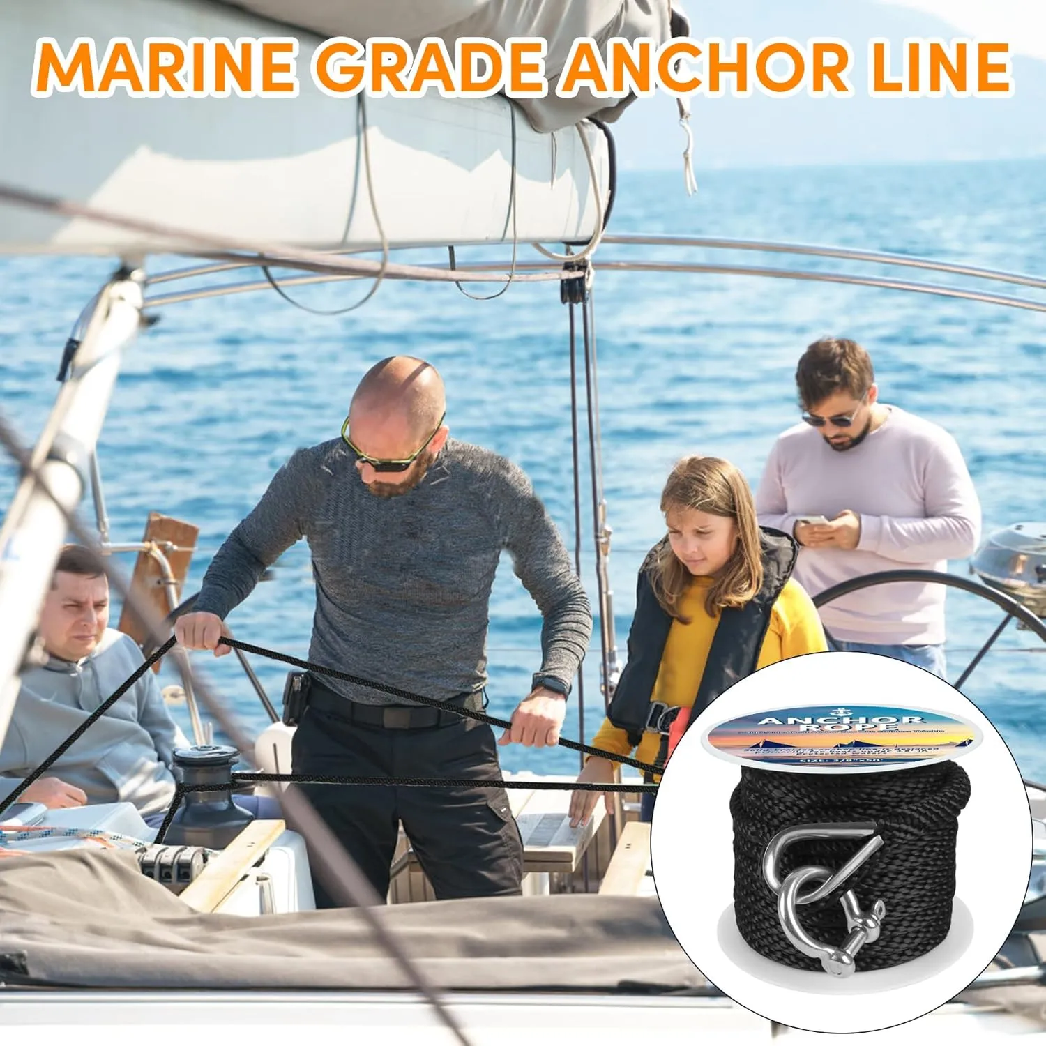 Anchor Rope 100 FT X 3/8 Inch, Premium Solid Braid MFP Anchor Line, Boat Anchor Rope with Stainless Steel Thimble and Shackle (Black)