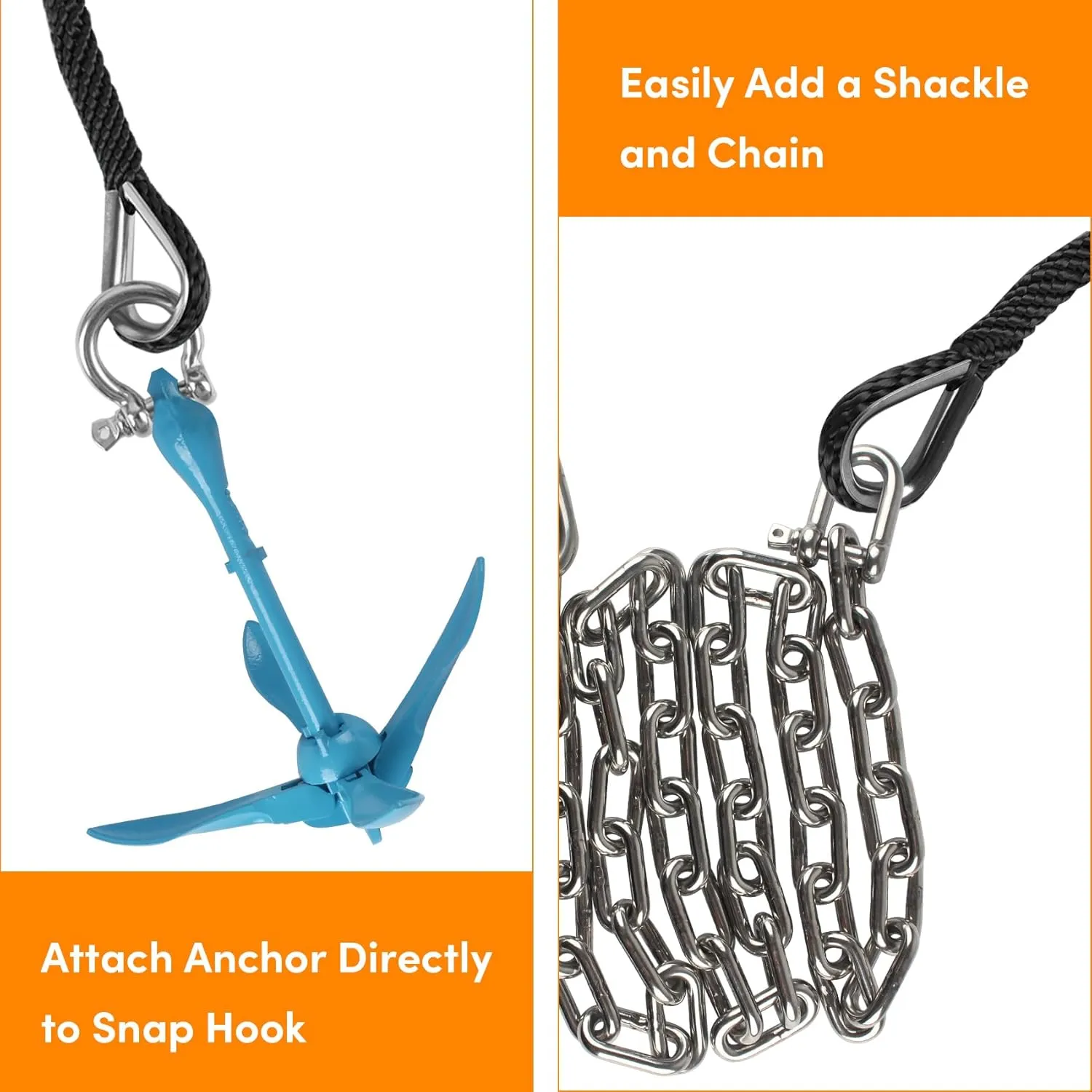 Anchor Rope 100 FT X 3/8 Inch, Premium Solid Braid MFP Anchor Line, Boat Anchor Rope with Stainless Steel Thimble and Shackle (Black)