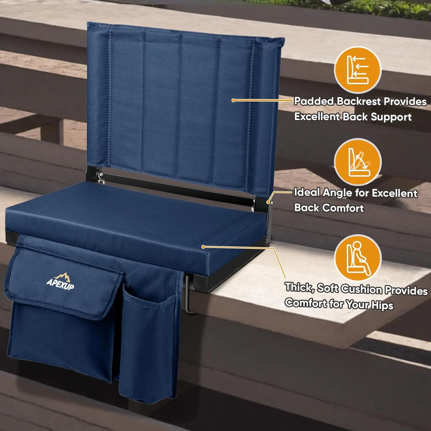 APEXUP Stadium Seats with Back Support, Portable Bleacher Seat with Large Pocket and Cup Holder, Wide Stadium Chair for Sports Events and Concerts