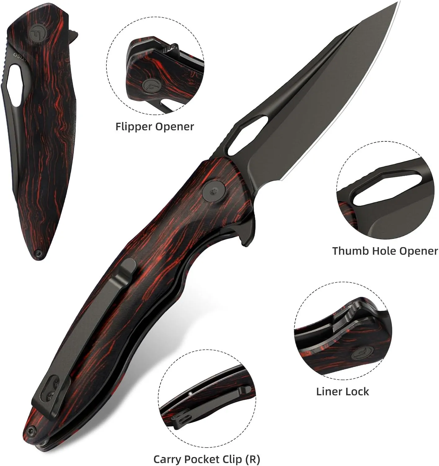 Apollo Pocket Knife, 3.3" 14C28N Blade Damascus Pattern G10 Handle Folding Knife with Liner Lock, EDC Knife with Pocket Clip for Camping, Hunting, Survival, Unique Gift for Men Women