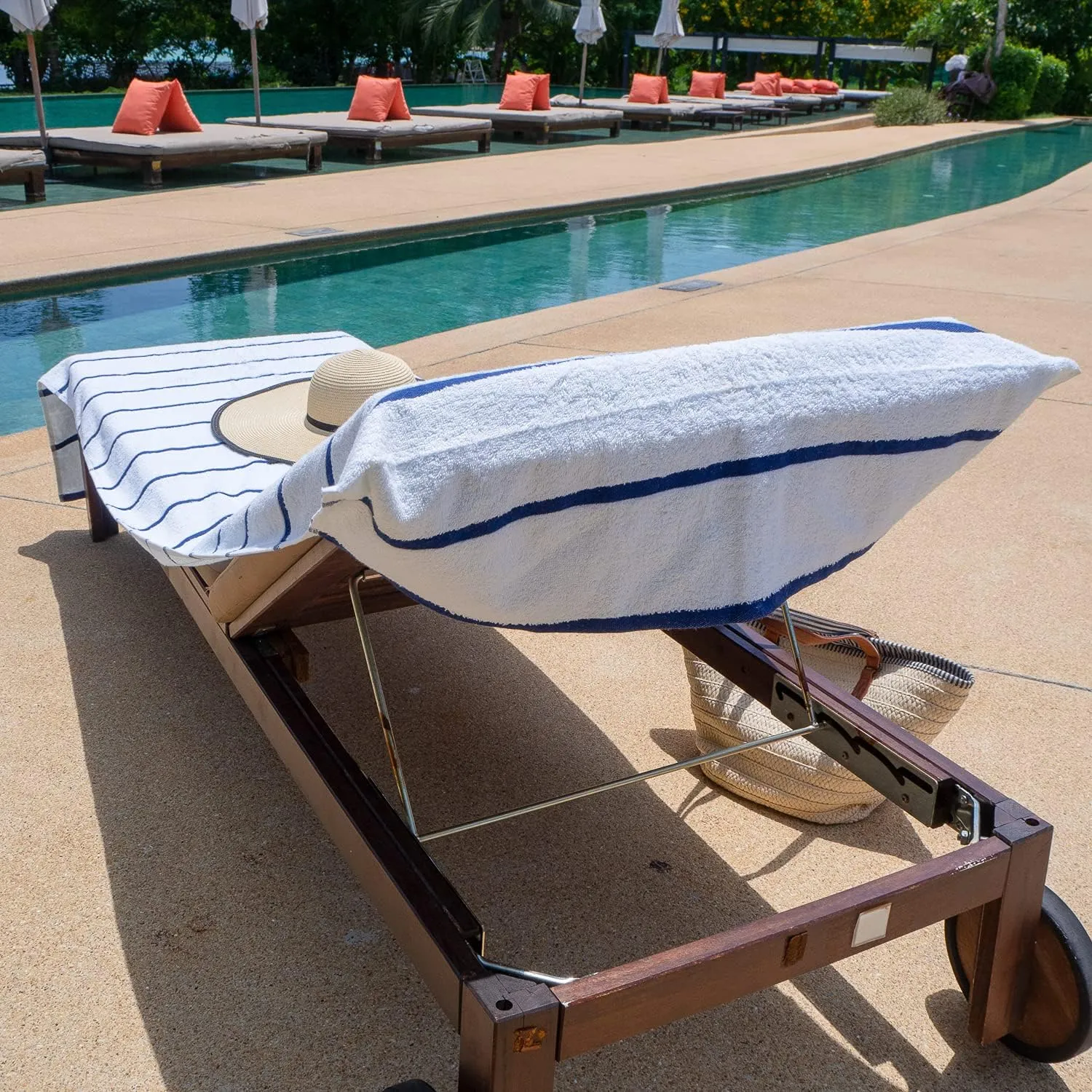 Arkwright Las Rayas Chaise Lounge Cover - Pack of 2 - Terry Towel 100% Striped Soft Cotton with Pocket Holder for Beach Pool Outdoor Chair, 30 x 85 in, Navy