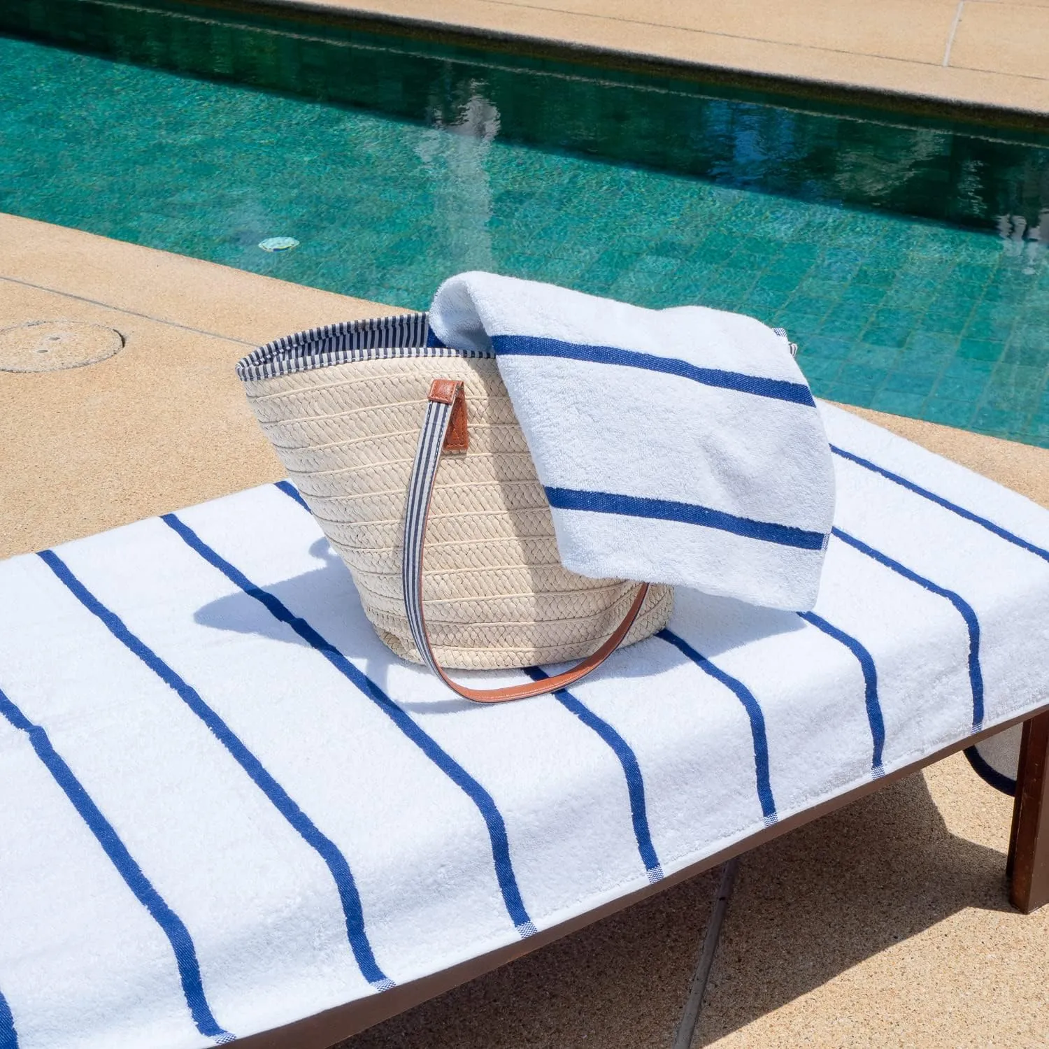 Arkwright Las Rayas Chaise Lounge Cover - Pack of 2 - Terry Towel 100% Striped Soft Cotton with Pocket Holder for Beach Pool Outdoor Chair, 30 x 85 in, Navy