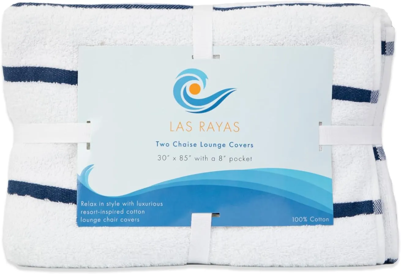 Arkwright Las Rayas Chaise Lounge Cover - Pack of 2 - Terry Towel 100% Striped Soft Cotton with Pocket Holder for Beach Pool Outdoor Chair, 30 x 85 in, Navy