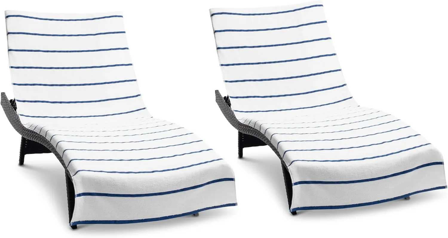 Arkwright Las Rayas Chaise Lounge Cover - Pack of 2 - Terry Towel 100% Striped Soft Cotton with Pocket Holder for Beach Pool Outdoor Chair, 30 x 85 in, Navy