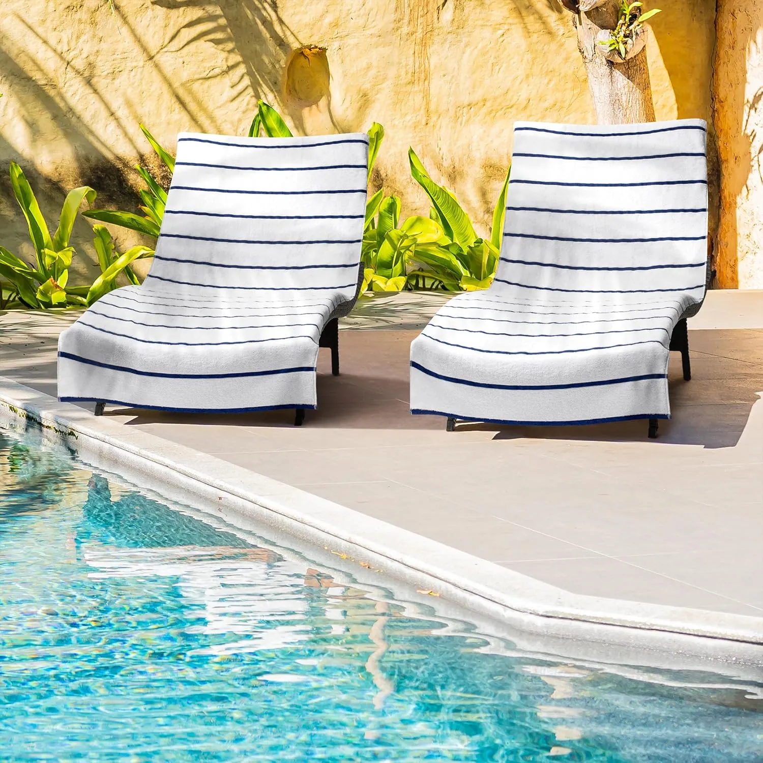Arkwright Las Rayas Chaise Lounge Cover - Pack of 2 - Terry Towel 100% Striped Soft Cotton with Pocket Holder for Beach Pool Outdoor Chair, 30 x 85 in, Navy