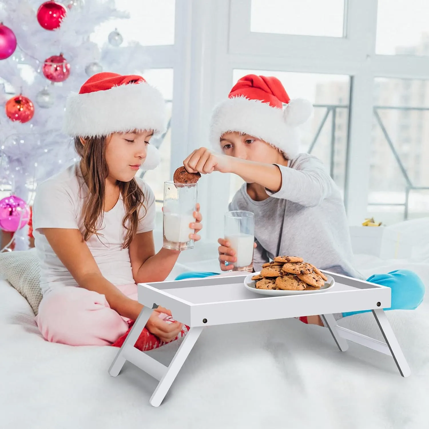 Artmeer Bed Tray Table with Folding Legs,Bamboo Breakfast in Bed for TV Table, Laptop Computer Tray,Eating,Snack Tray (White) Large Size