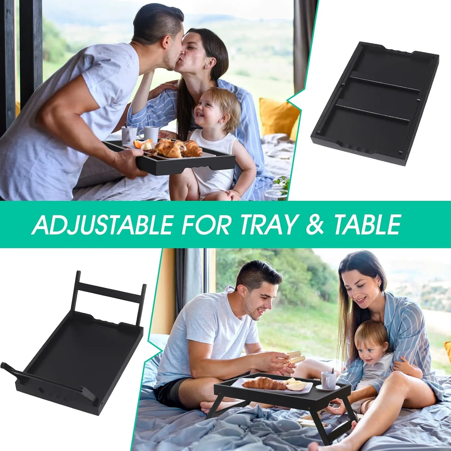 Artmeer Bed Tray Table with Folding Legs,Bamboo Breakfast in Bed for TV Table, Laptop Computer Tray,Eating,Snack Tray(Black) Large Size