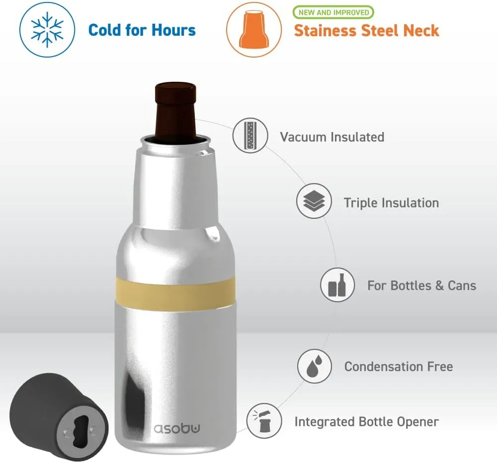 Asobu Frosty Beer 2.0 Fully Insulated Stainless Steel 12 Ounce Beer Bottle and Can Cooler with Beer Bottle Opener (Star Silver)