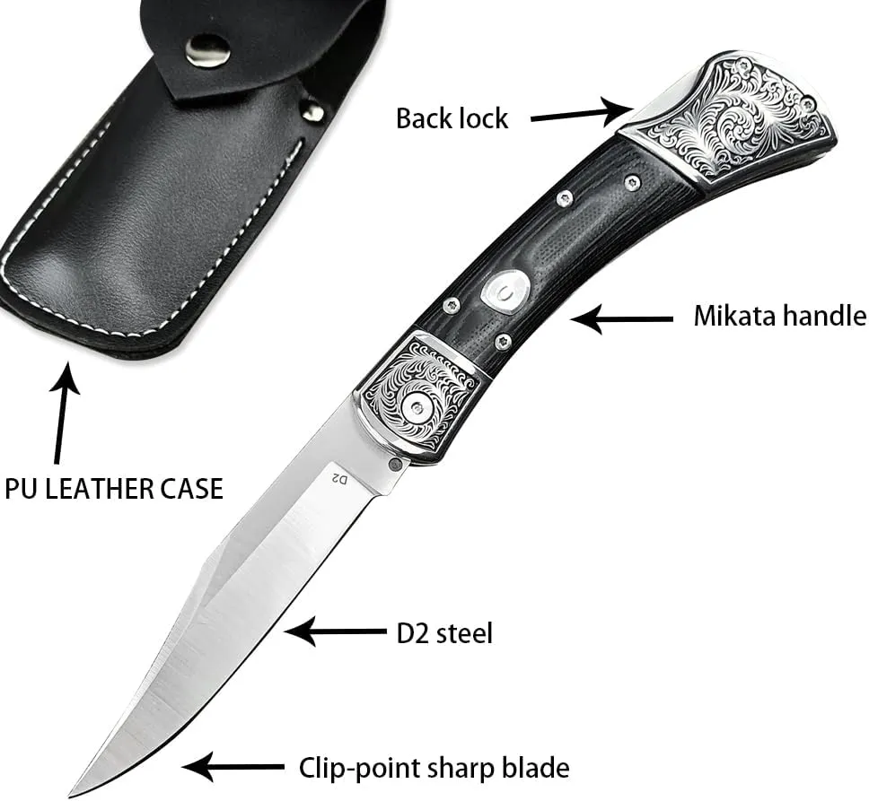 Assisted Opening EDC Pocket Knife for Men, D2 Stainless Steel Blade, Lock-back Tactical Knife with Mikata Handle, Button Folding Knife for Camping