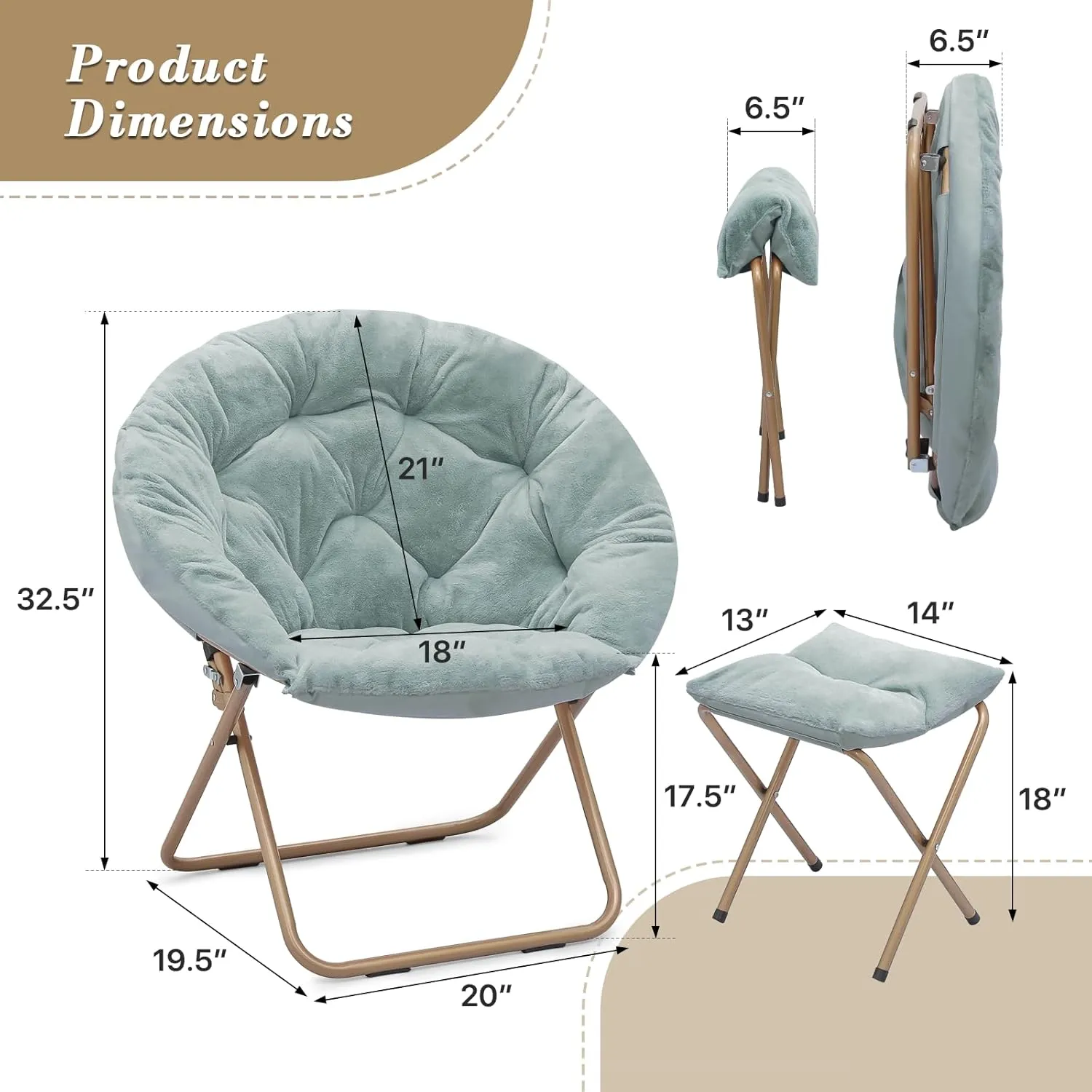 Athena Collection Round Saucer Chair with Ottoman Set of 2 for Adults, Oversize Comfy Cozy Faux Fur Folding Reading Chair with Metal Leg Lazy Relaxing for Living Room Bedroom Dorm Apartment, Teal