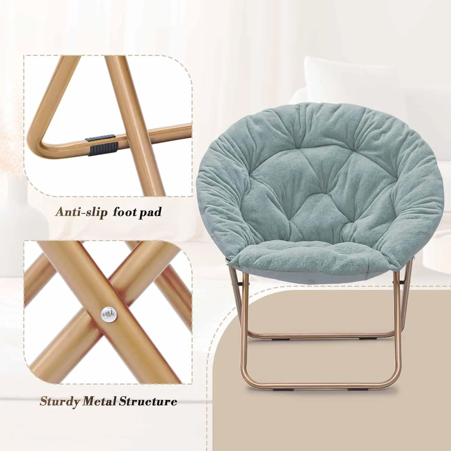 Athena Collection Round Saucer Chair with Ottoman Set of 2 for Adults, Oversize Comfy Cozy Faux Fur Folding Reading Chair with Metal Leg Lazy Relaxing for Living Room Bedroom Dorm Apartment, Teal