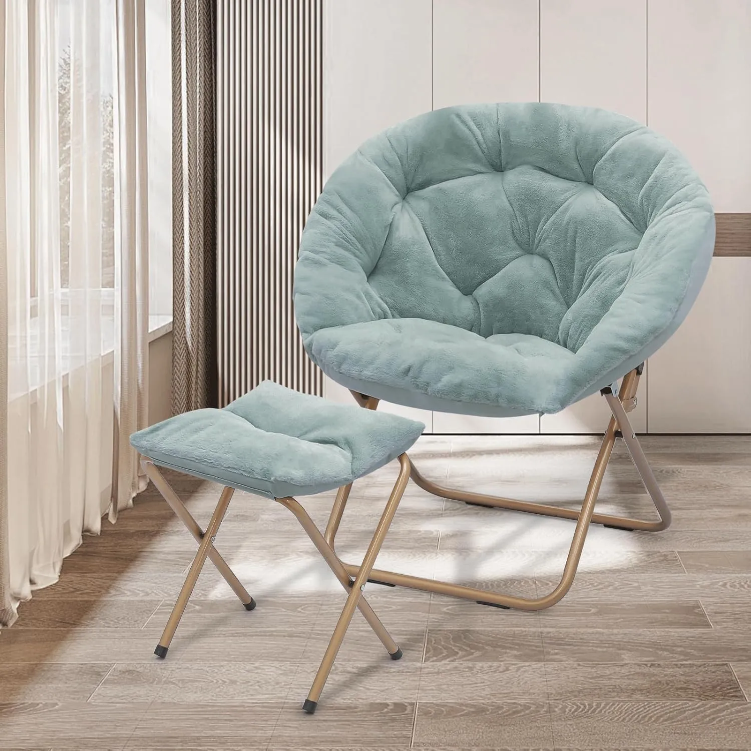 Athena Collection Round Saucer Chair with Ottoman Set of 2 for Adults, Oversize Comfy Cozy Faux Fur Folding Reading Chair with Metal Leg Lazy Relaxing for Living Room Bedroom Dorm Apartment, Teal