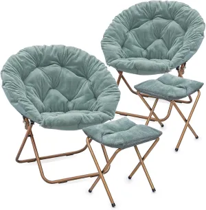 Athena Collection Round Saucer Chair with Ottoman Set of 2 for Adults, Oversize Comfy Cozy Faux Fur Folding Reading Chair with Metal Leg Lazy Relaxing for Living Room Bedroom Dorm Apartment, Teal