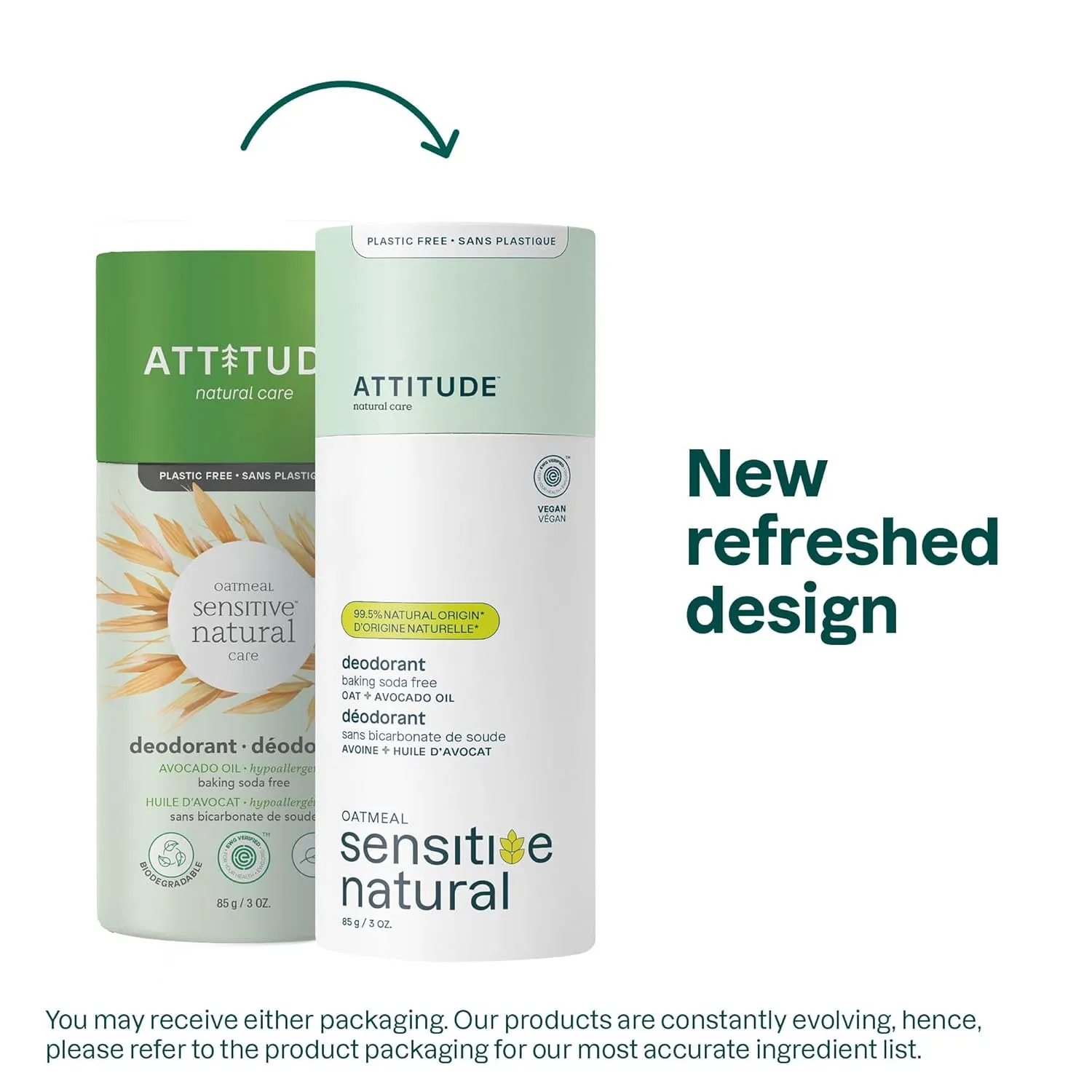 ATTITUDE Baking Soda Free Deodorant for Sensitive Skin with Oatmeal and Avocado Oil, EWG Verified, Aluminum Free, Plastic-Free, 3 Ounces