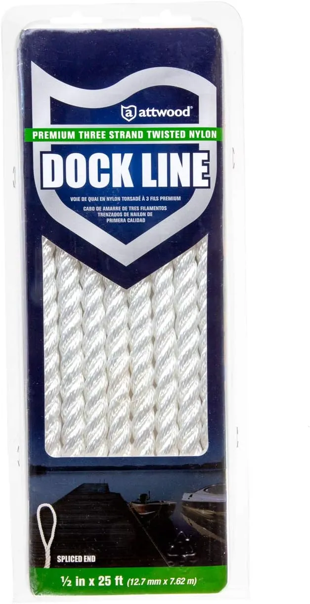 Attwood 11715-7 Premium 3-Strand Twisted Nylon Dock Line, 1/2-Inch Thick, 25 Feet Long, Pre-Spliced One End, White