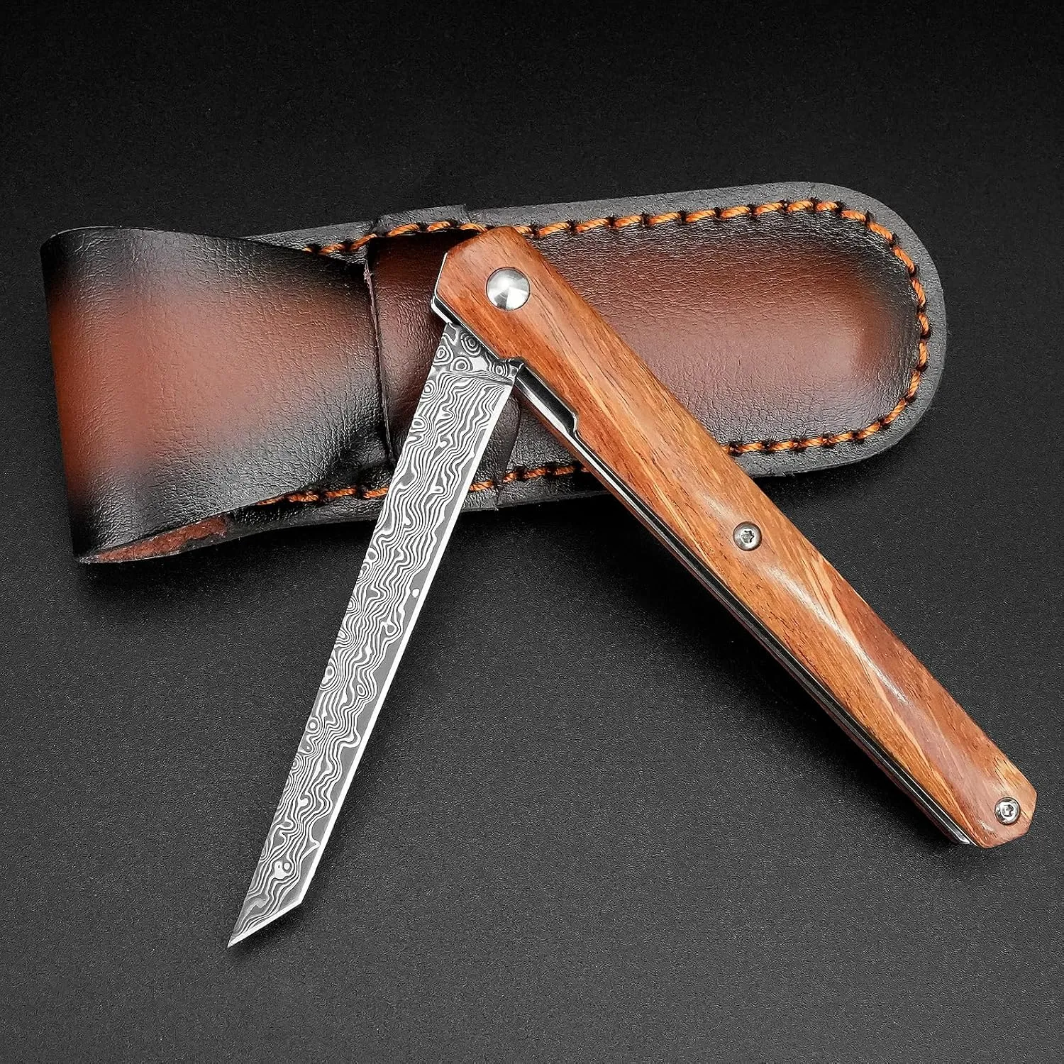 AUBEY Small Damascus Pocket Knife with Sheath, Sharp Tanto Blade Damascus Folding Knife for EDC, Wood Handle, Gift for Men Women