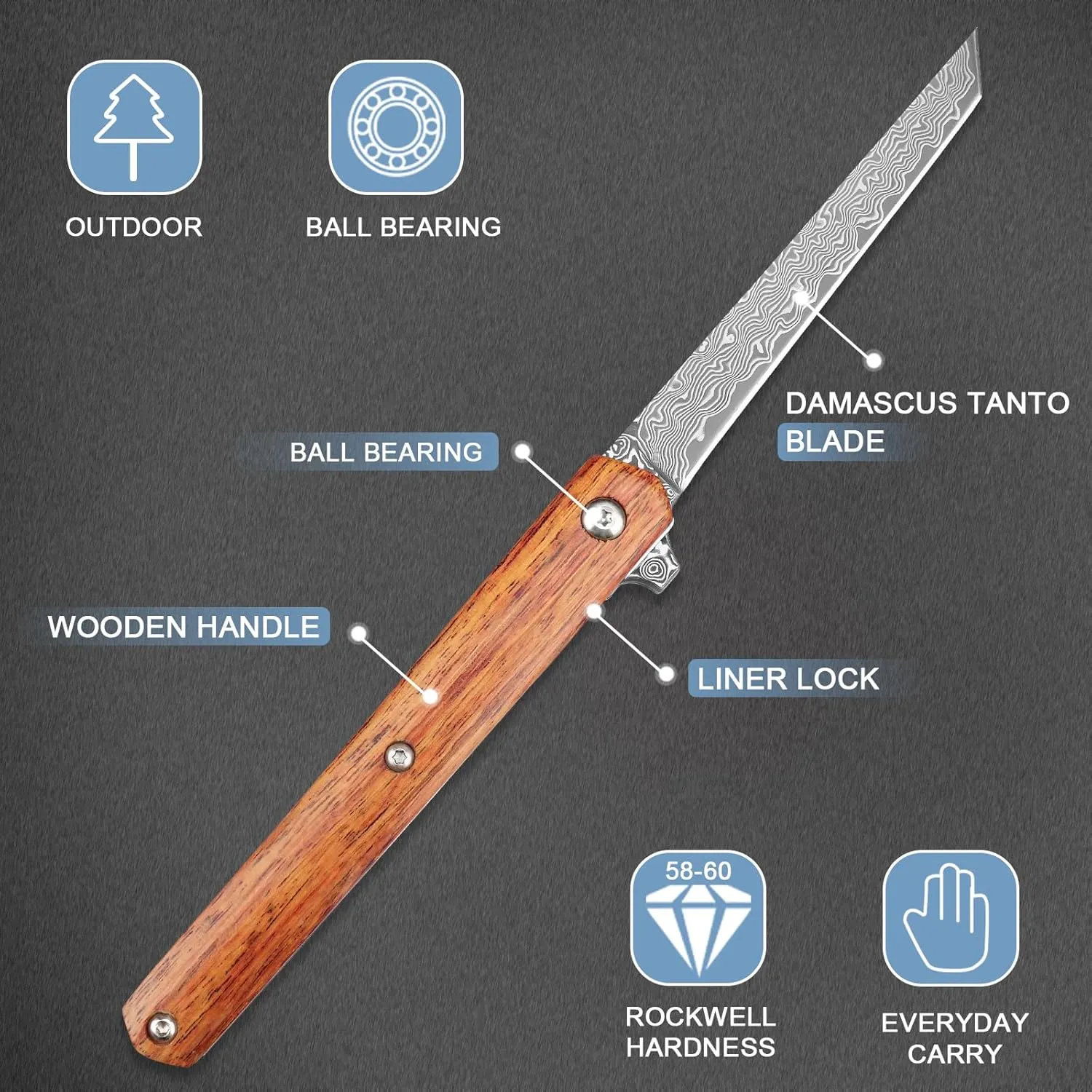 AUBEY Small Damascus Pocket Knife with Sheath, Sharp Tanto Blade Damascus Folding Knife for EDC, Wood Handle, Gift for Men Women