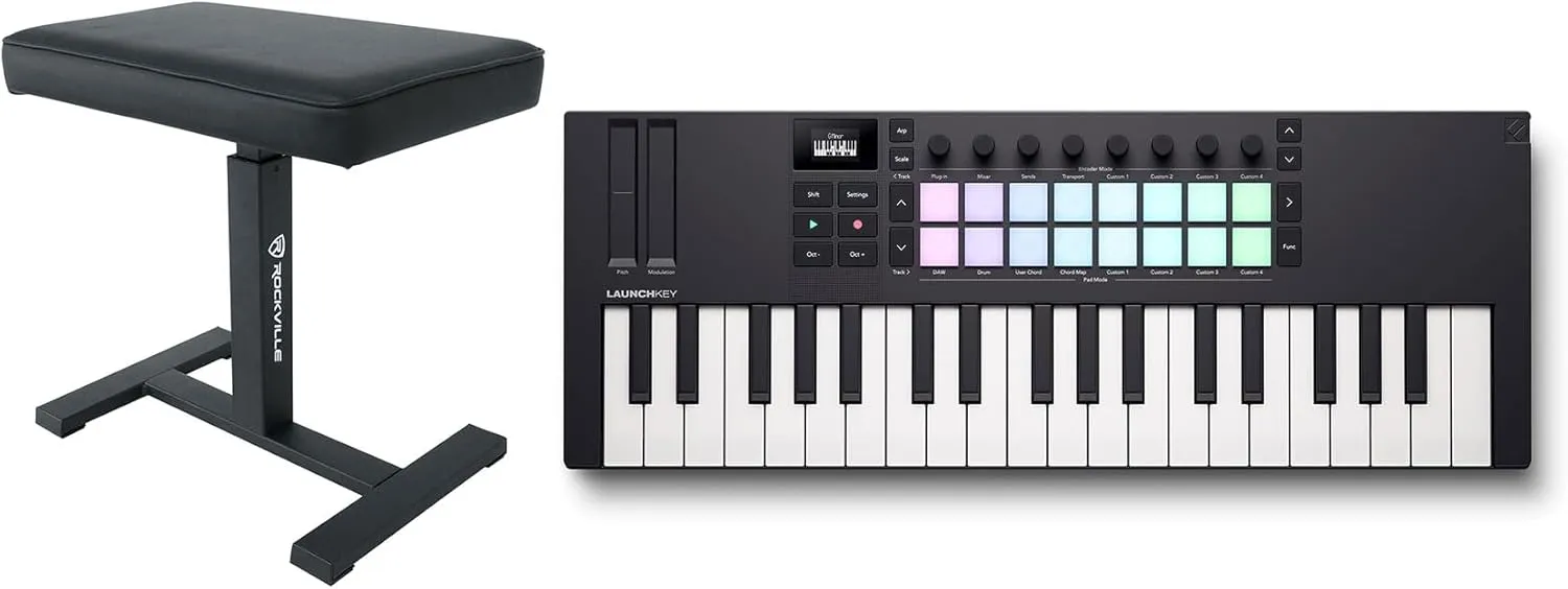 Audiosavings Bundle: Novation LAUNCHKEY MINI 37 MK4 37-key MIDI Ableton Live Keyboard Controller Bundle with Rockville AIR-BENCH Keyboard/Piano Bench Chair Hydraulic Air Lift Comfy Padding (2 Items)