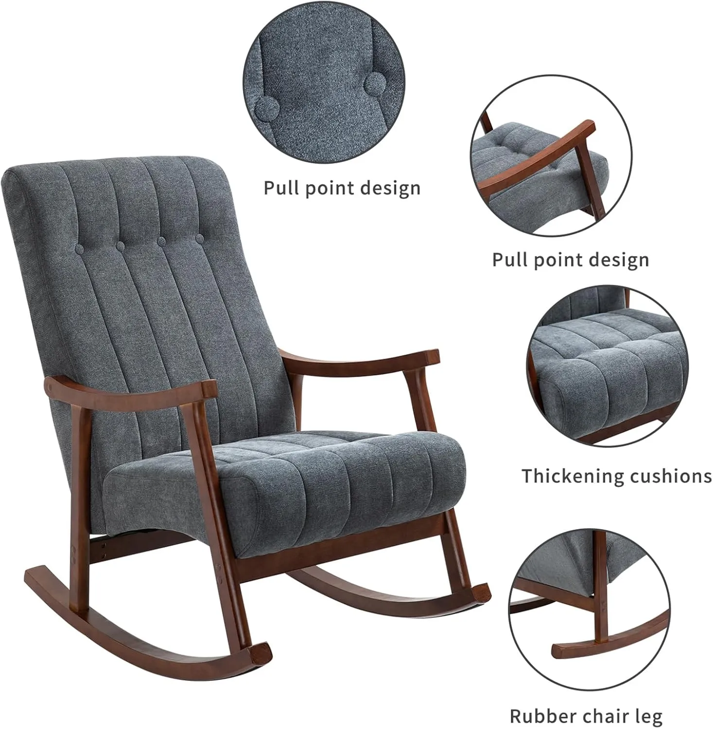 AVAWING 2PCS Upholstered Rocking Chair, Modern Glider Rocker with Fabric Padded Seat, Accent Rocking Chair for Living Room, Bedroom & Nursery, Wooden High Back Armchair, Dark Gray