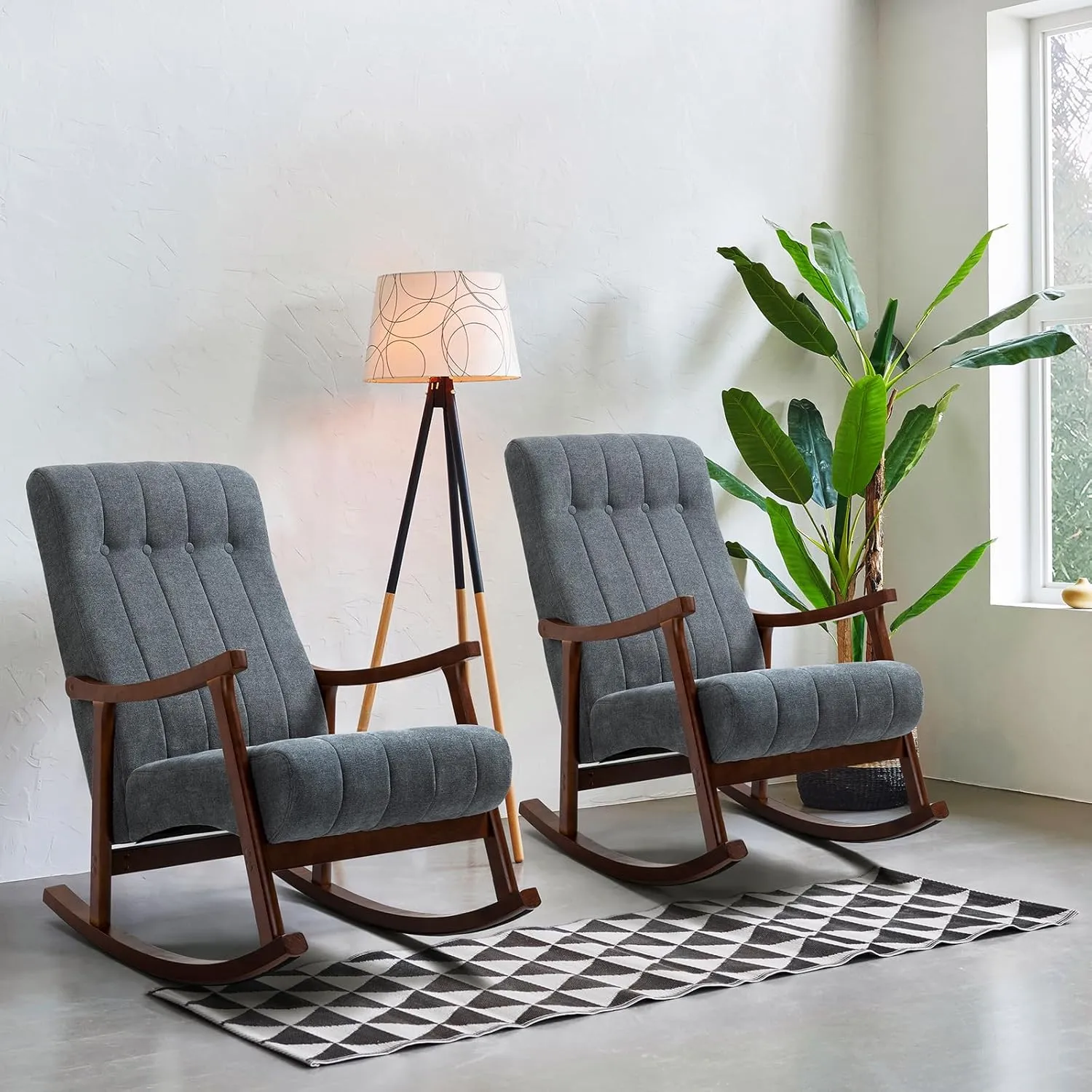 AVAWING 2PCS Upholstered Rocking Chair, Modern Glider Rocker with Fabric Padded Seat, Accent Rocking Chair for Living Room, Bedroom & Nursery, Wooden High Back Armchair, Dark Gray
