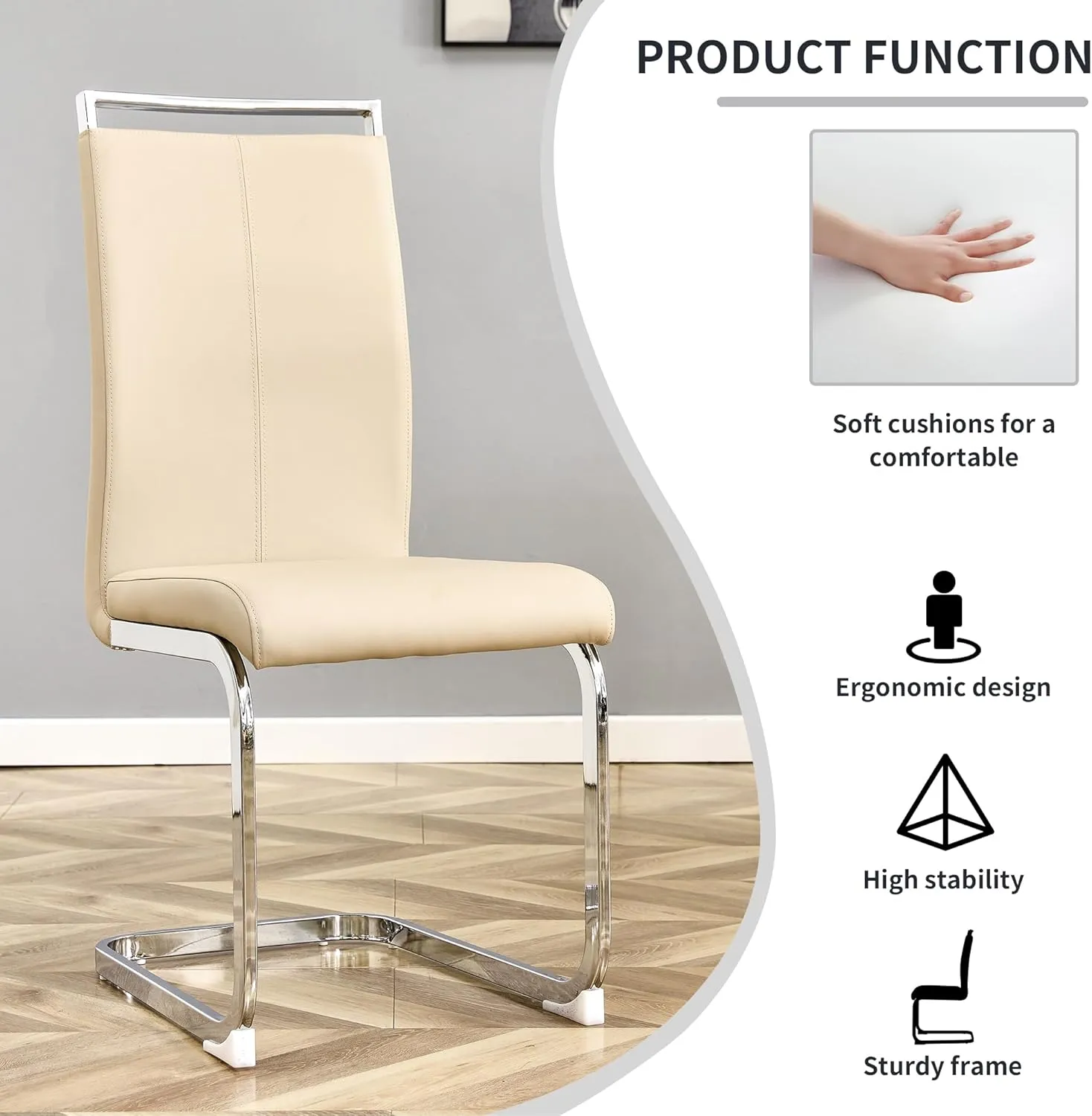 AZmac Modern Leather Dining Chairs Set of 4,Armless Kitchen Chairs,Dining Room Chairs with Upholstered Padded Seat and Sturdy Chrome Legs for Dining Room,Kitchen (Set of 4, Beige)