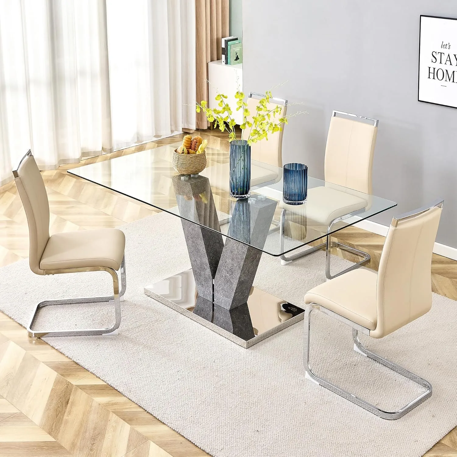 AZmac Modern Leather Dining Chairs Set of 4,Armless Kitchen Chairs,Dining Room Chairs with Upholstered Padded Seat and Sturdy Chrome Legs for Dining Room,Kitchen (Set of 4, Beige)