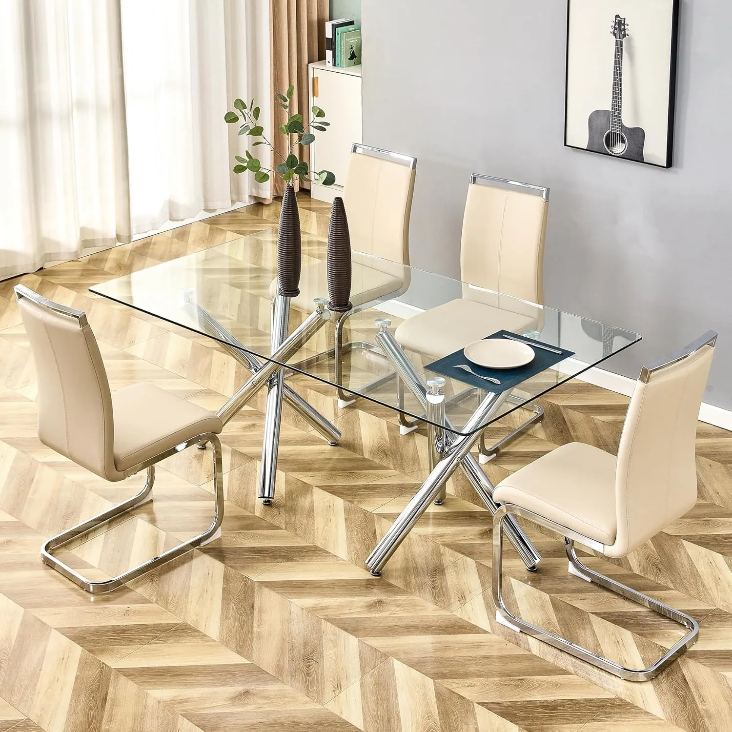 AZmac Modern Leather Dining Chairs Set of 4,Armless Kitchen Chairs,Dining Room Chairs with Upholstered Padded Seat and Sturdy Chrome Legs for Dining Room,Kitchen (Set of 4, Beige)