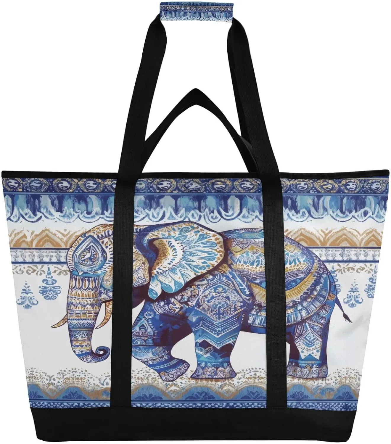 Aztec Elephant Reusable Insulated Lunchbox Cooler Bag, Leakproof Kitchen Grocery Bag Collapsible Portable Cooler Tote Bag for Picnic, Camping, Office, Travel