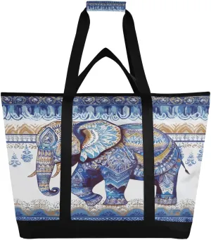 Aztec Elephant Reusable Insulated Lunchbox Cooler Bag, Leakproof Kitchen Grocery Bag Collapsible Portable Cooler Tote Bag for Picnic, Camping, Office, Travel
