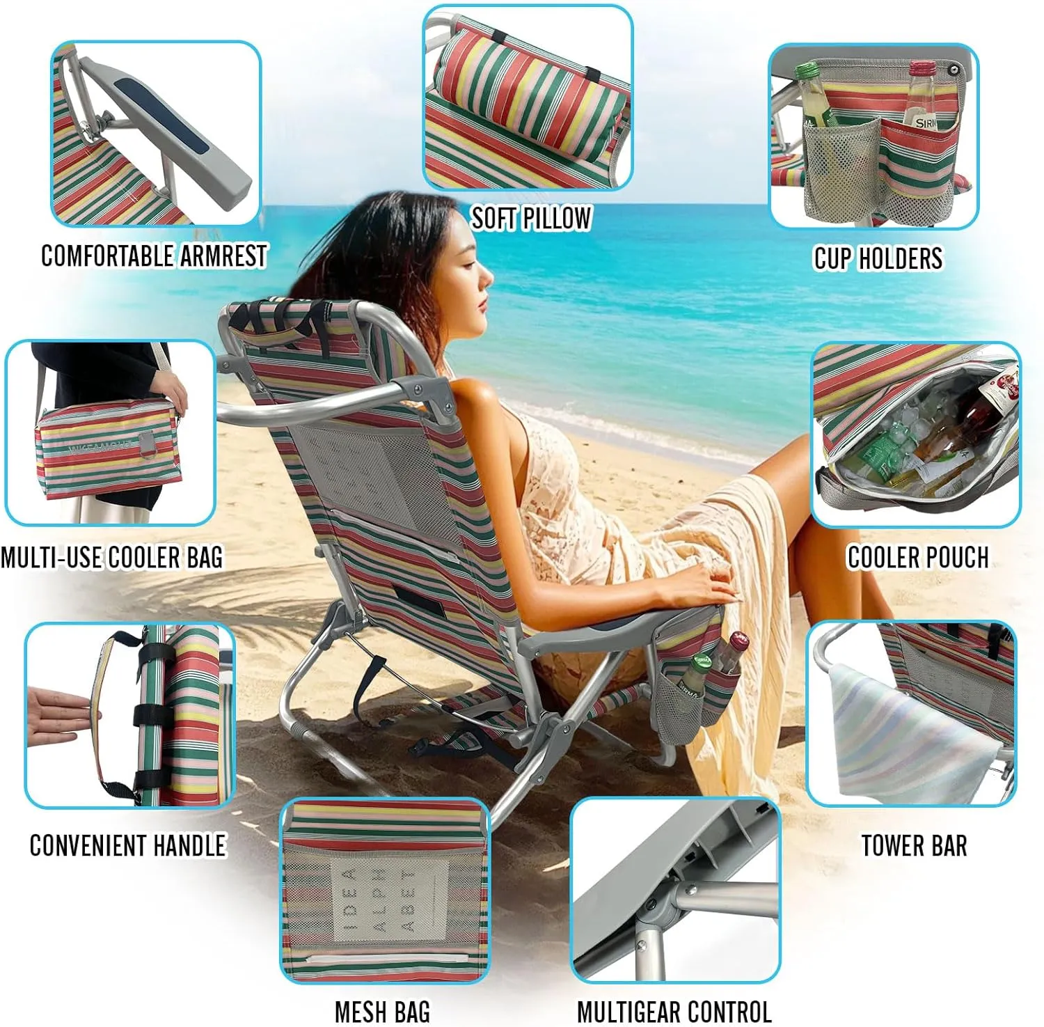 Backpack Beach Chair Aluminum with Folding Camping Table 5-Position Lay Flat Lounge Chair Outdoor for Adults with Insulated Cooler Bag and Cup Holder