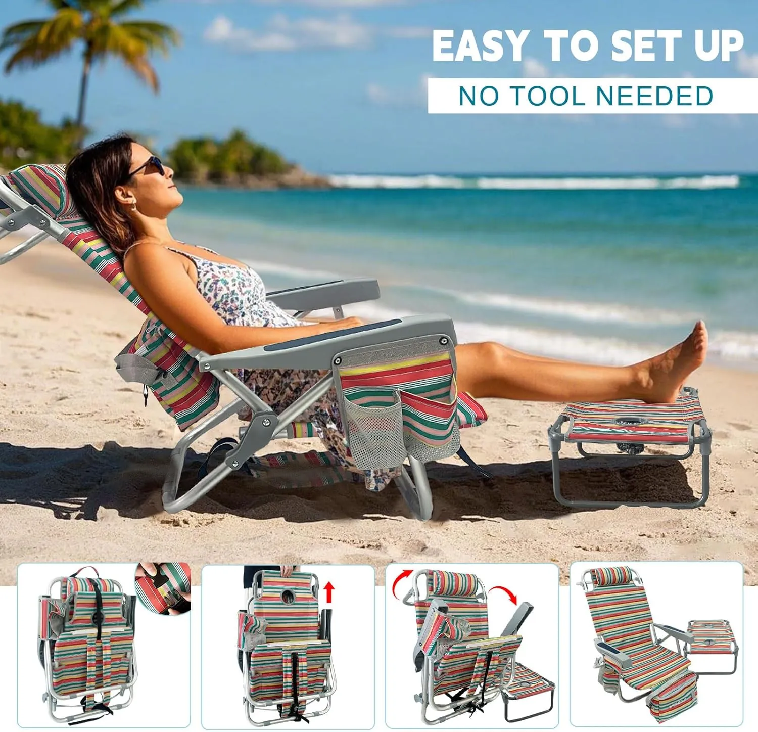 Backpack Beach Chair Aluminum with Folding Camping Table 5-Position Lay Flat Lounge Chair Outdoor for Adults with Insulated Cooler Bag and Cup Holder