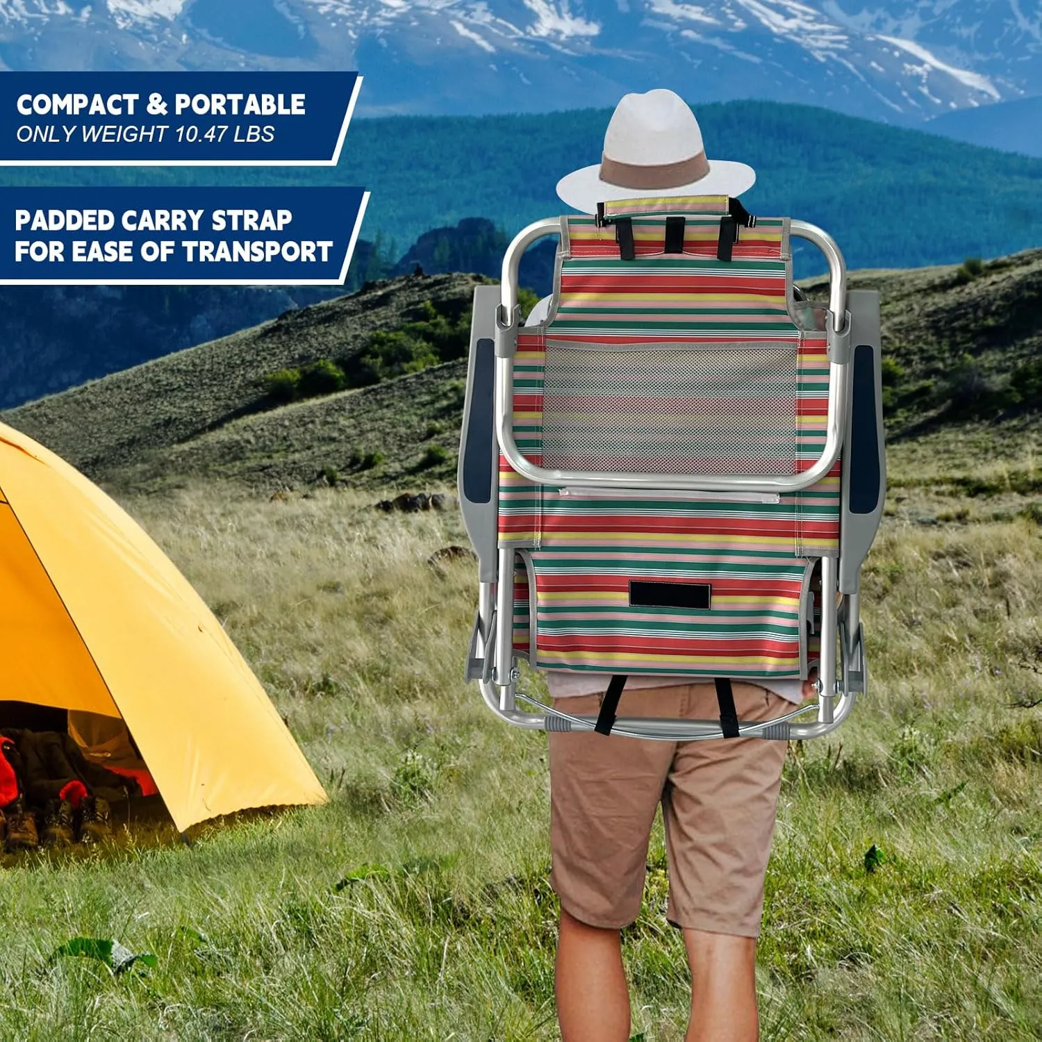 Backpack Beach Chair Aluminum with Folding Camping Table 5-Position Lay Flat Lounge Chair Outdoor for Adults with Insulated Cooler Bag and Cup Holder