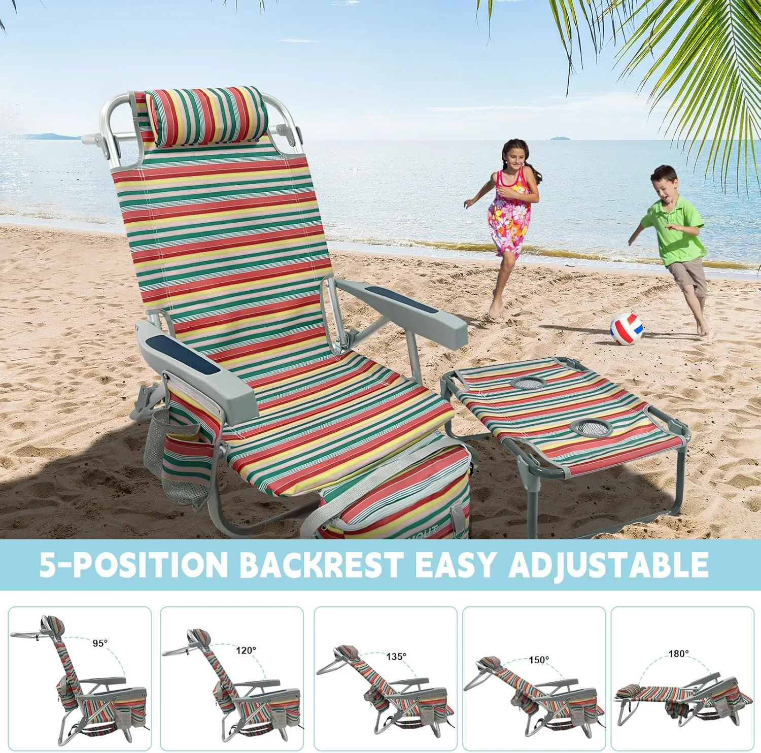 Backpack Beach Chair Aluminum with Folding Camping Table 5-Position Lay Flat Lounge Chair Outdoor for Adults with Insulated Cooler Bag and Cup Holder