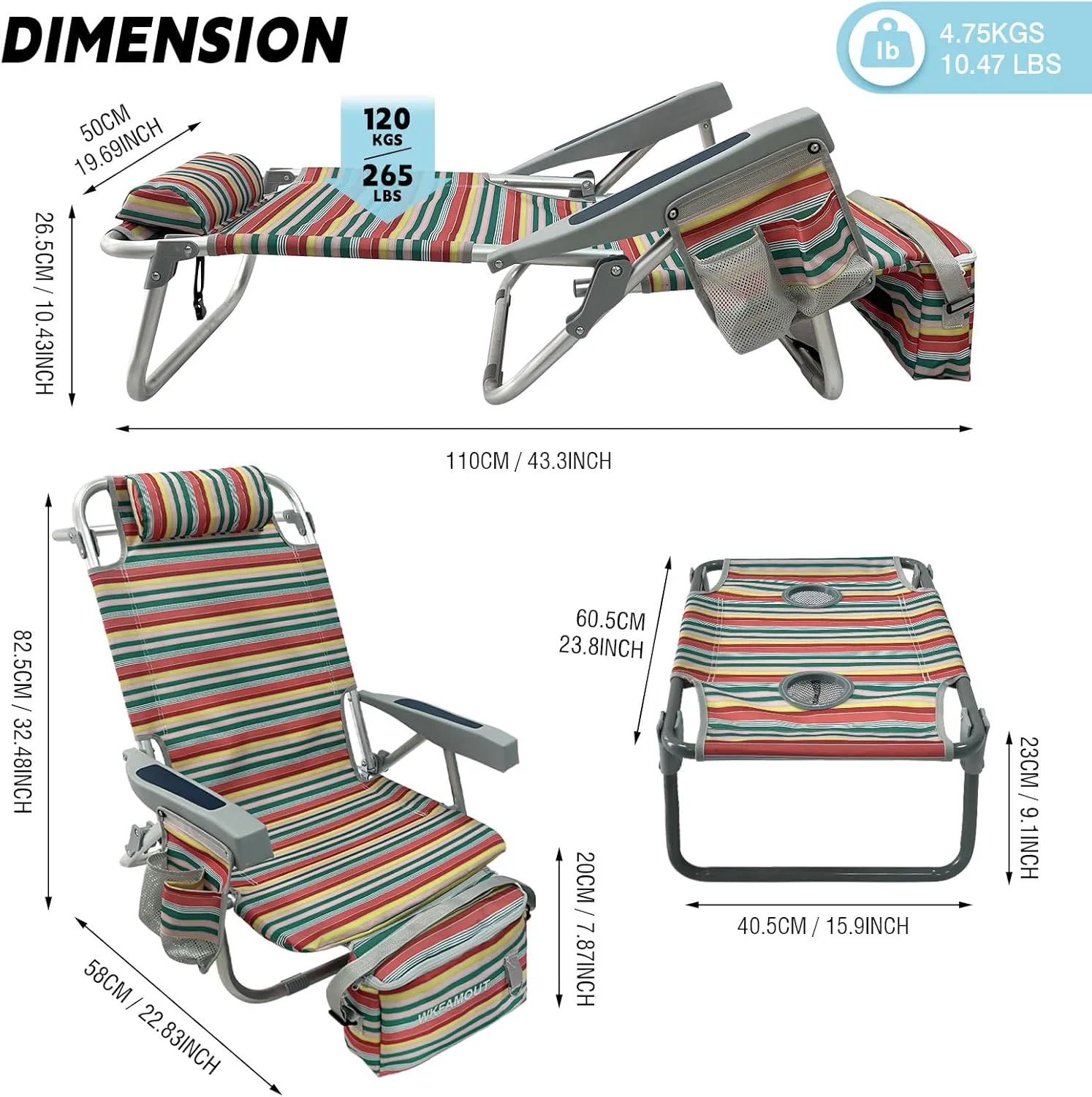 Backpack Beach Chair Aluminum with Folding Camping Table 5-Position Lay Flat Lounge Chair Outdoor for Adults with Insulated Cooler Bag and Cup Holder