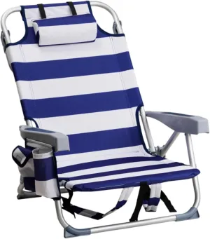 Backpack Beach Chair for Adults, 5-Position Portable Outdoor Reclining Camping Chair, Lightweight Folding Chairs with Headrest, Cup Holders, Cooler Bag, Towel Bar, Shoulder Strap (Blue Stripe)