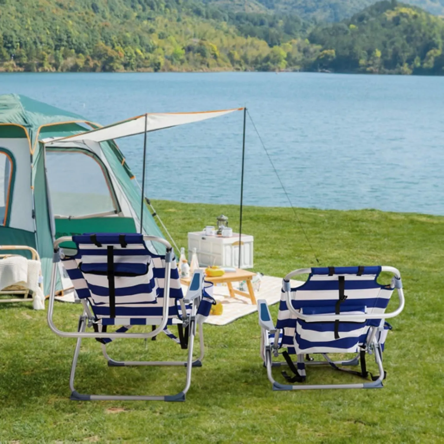 Backpack Beach Chair for Adults, 5-Position Portable Outdoor Reclining Camping Chair, Lightweight Folding Chairs with Headrest, Cup Holders, Cooler Bag, Towel Bar, Shoulder Strap (Blue Stripe)