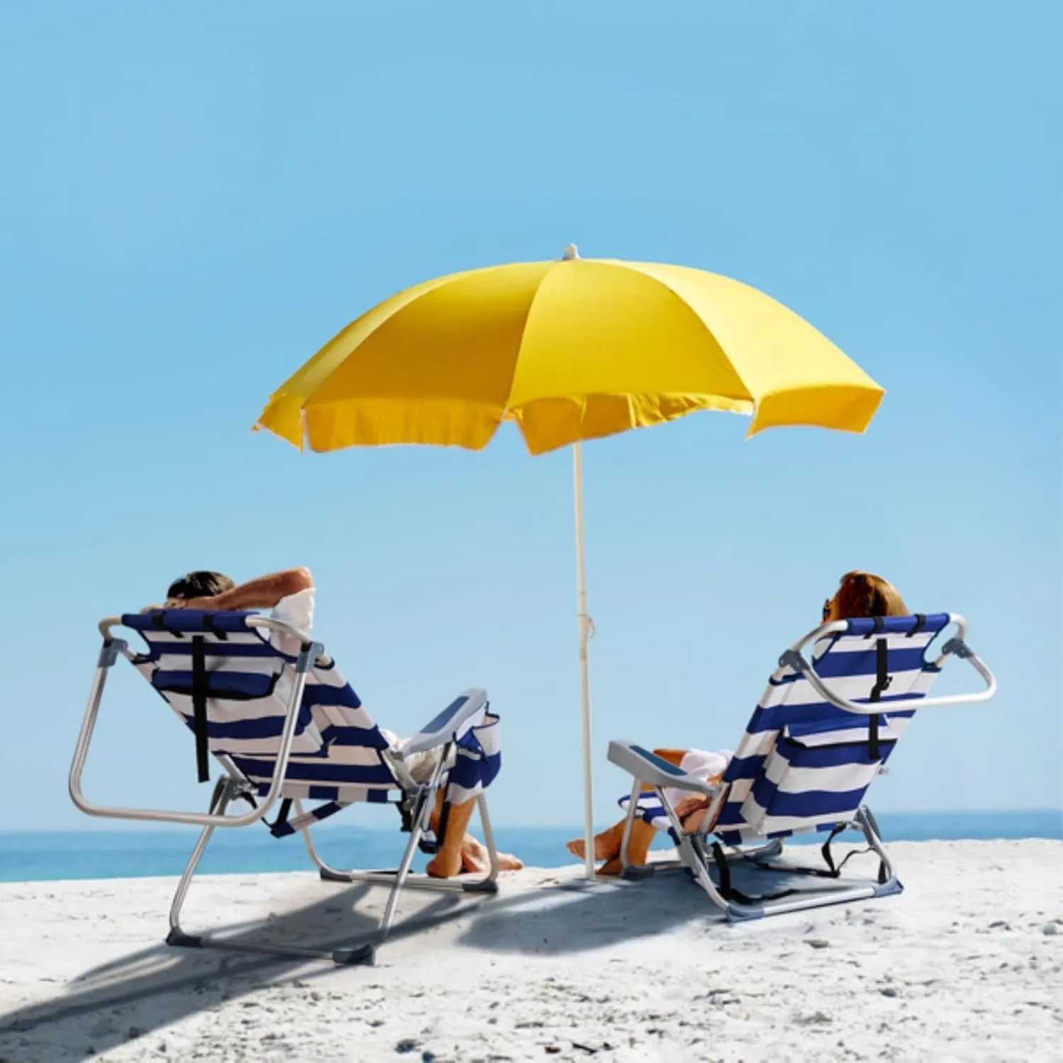 Backpack Beach Chair for Adults, 5-Position Portable Outdoor Reclining Camping Chair, Lightweight Folding Chairs with Headrest, Cup Holders, Cooler Bag, Towel Bar, Shoulder Strap (Blue Stripe)