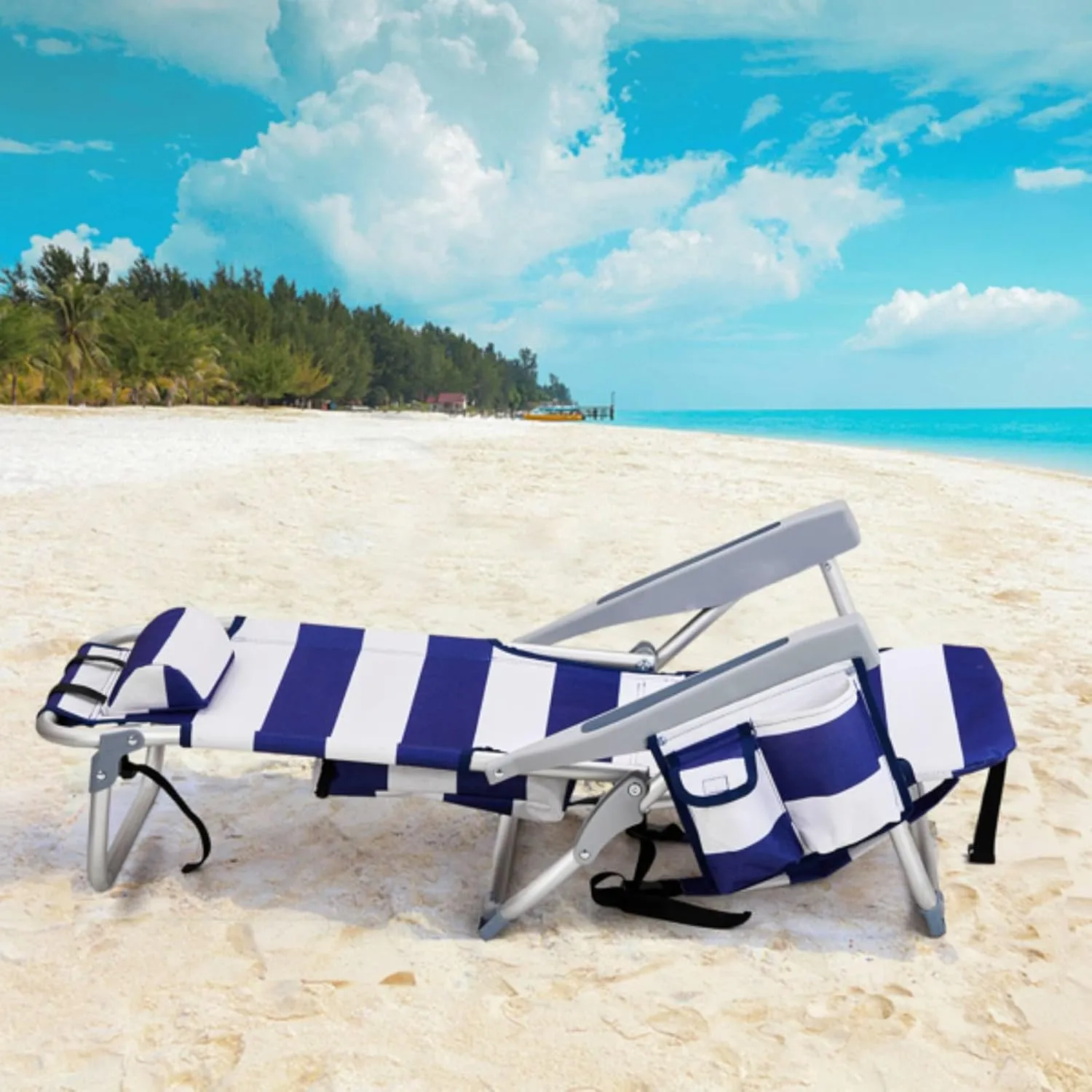Backpack Beach Chair for Adults, 5-Position Portable Outdoor Reclining Camping Chair, Lightweight Folding Chairs with Headrest, Cup Holders, Cooler Bag, Towel Bar, Shoulder Strap (Blue Stripe)