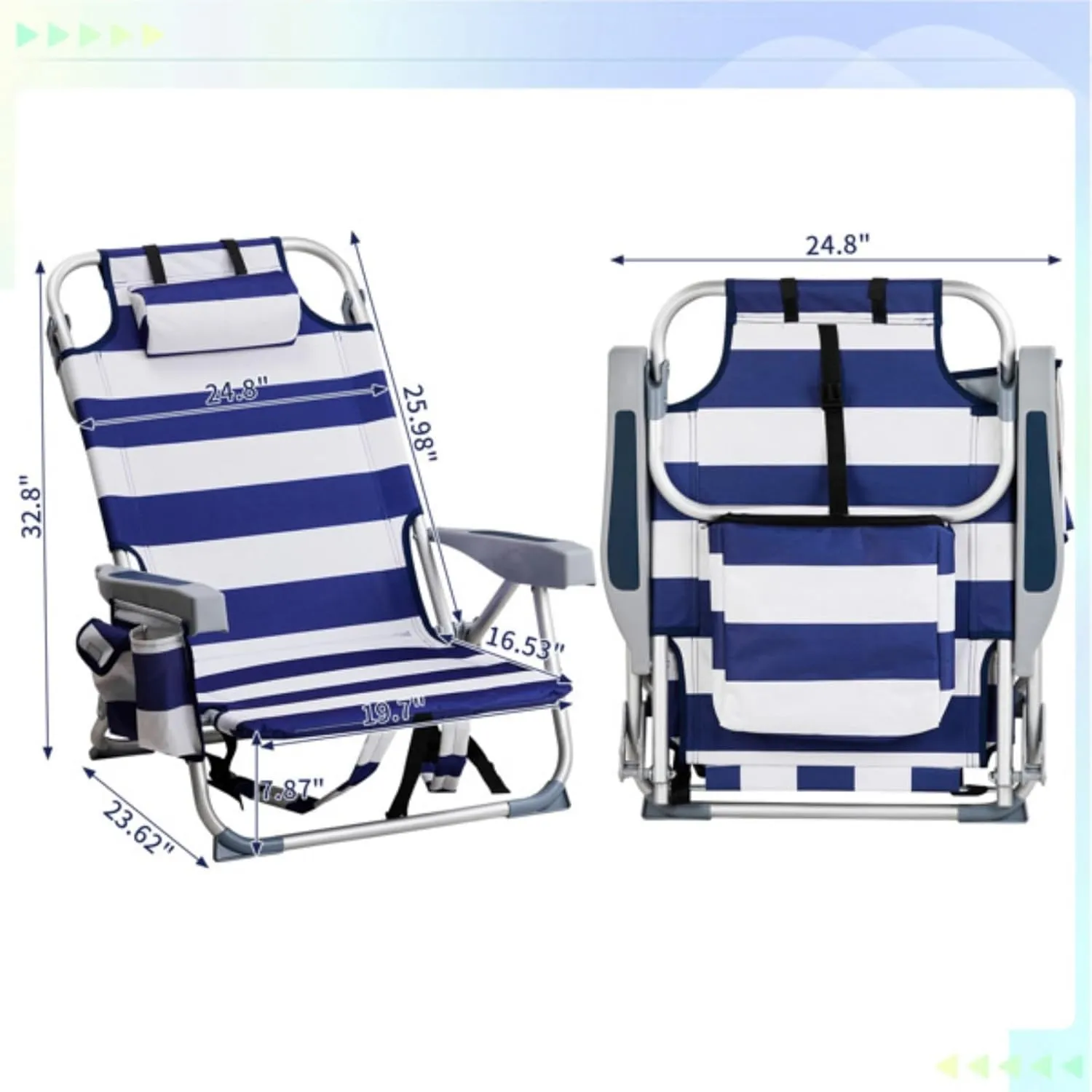 Backpack Beach Chair for Adults, 5-Position Portable Outdoor Reclining Camping Chair, Lightweight Folding Chairs with Headrest, Cup Holders, Cooler Bag, Towel Bar, Shoulder Strap (Blue Stripe)