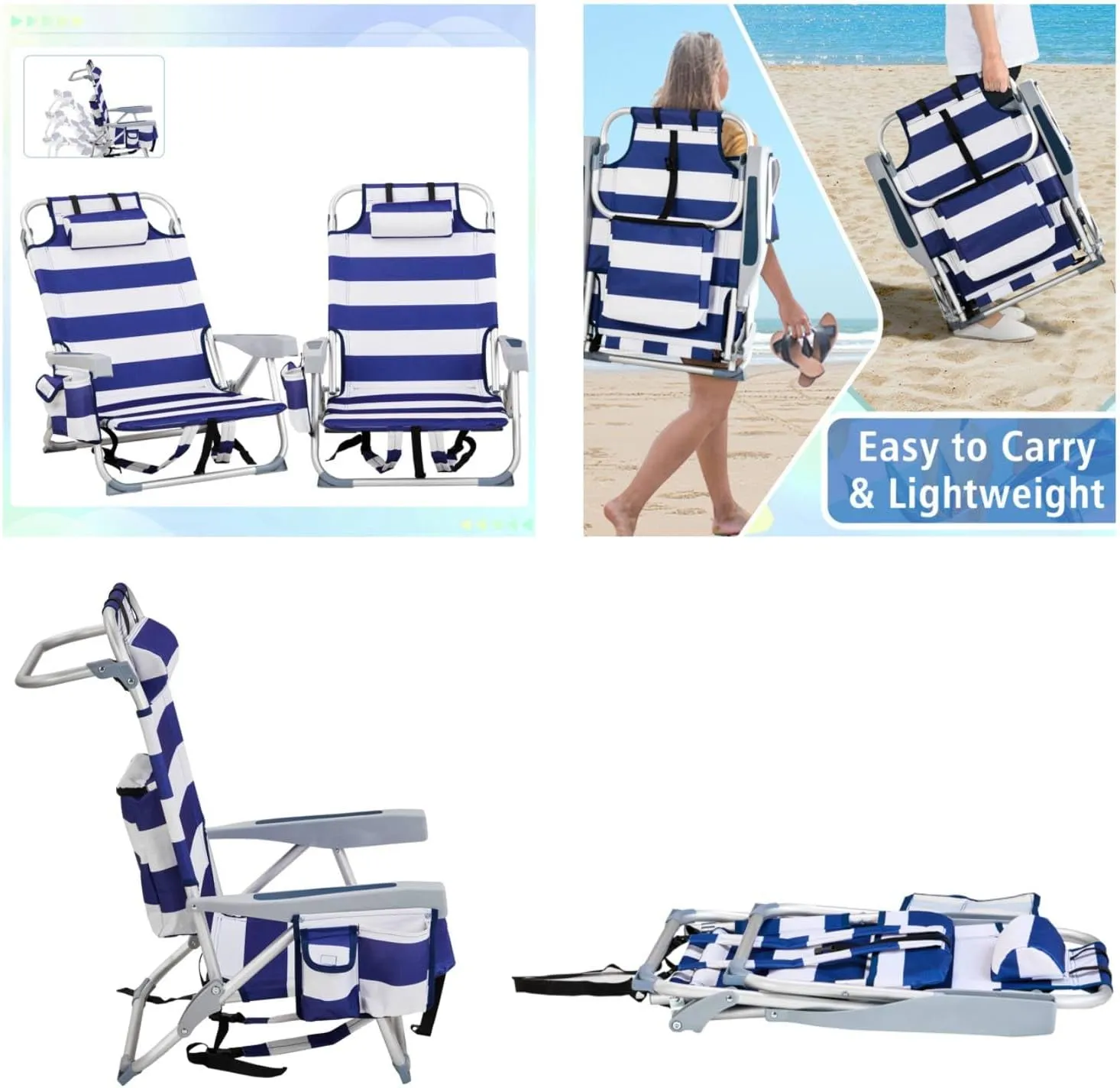 Backpack Beach Chair for Adults, 5-Position Portable Outdoor Reclining Camping Chair, Lightweight Folding Chairs with Headrest, Cup Holders, Cooler Bag, Towel Bar, Shoulder Strap (Blue Stripe)