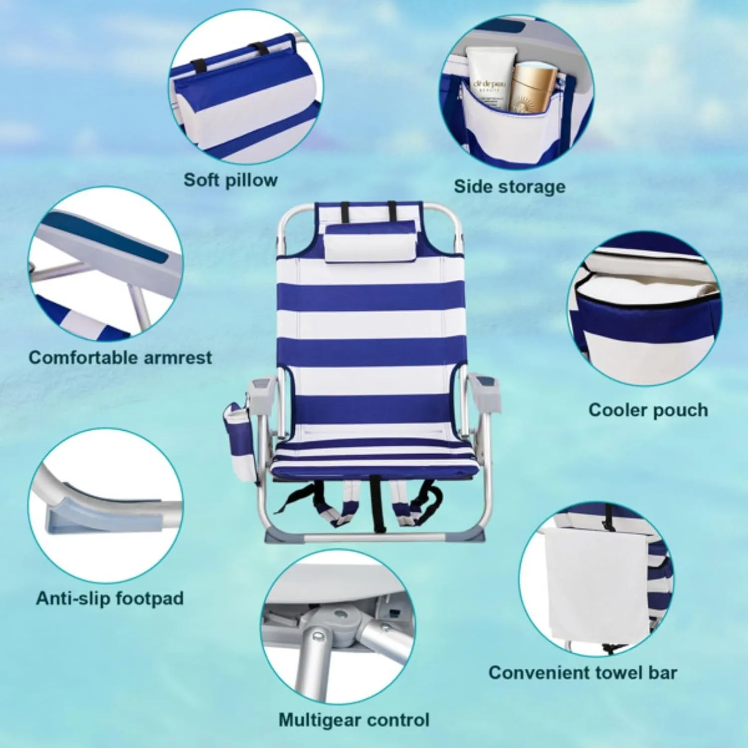 Backpack Beach Chair for Adults, 5-Position Portable Outdoor Reclining Camping Chair, Lightweight Folding Chairs with Headrest, Cup Holders, Cooler Bag, Towel Bar, Shoulder Strap (Blue Stripe)